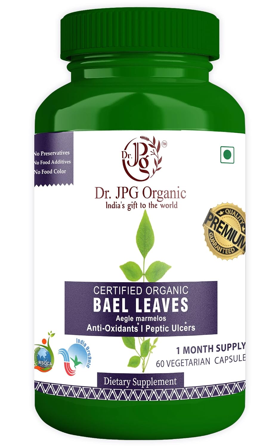 DR. JPG Organic Bael / Bel Patra Leaves Capsules (500mg, 60 Veg Capsules) | For Detoxification & Digestive Wellness | 100% Certified Organic