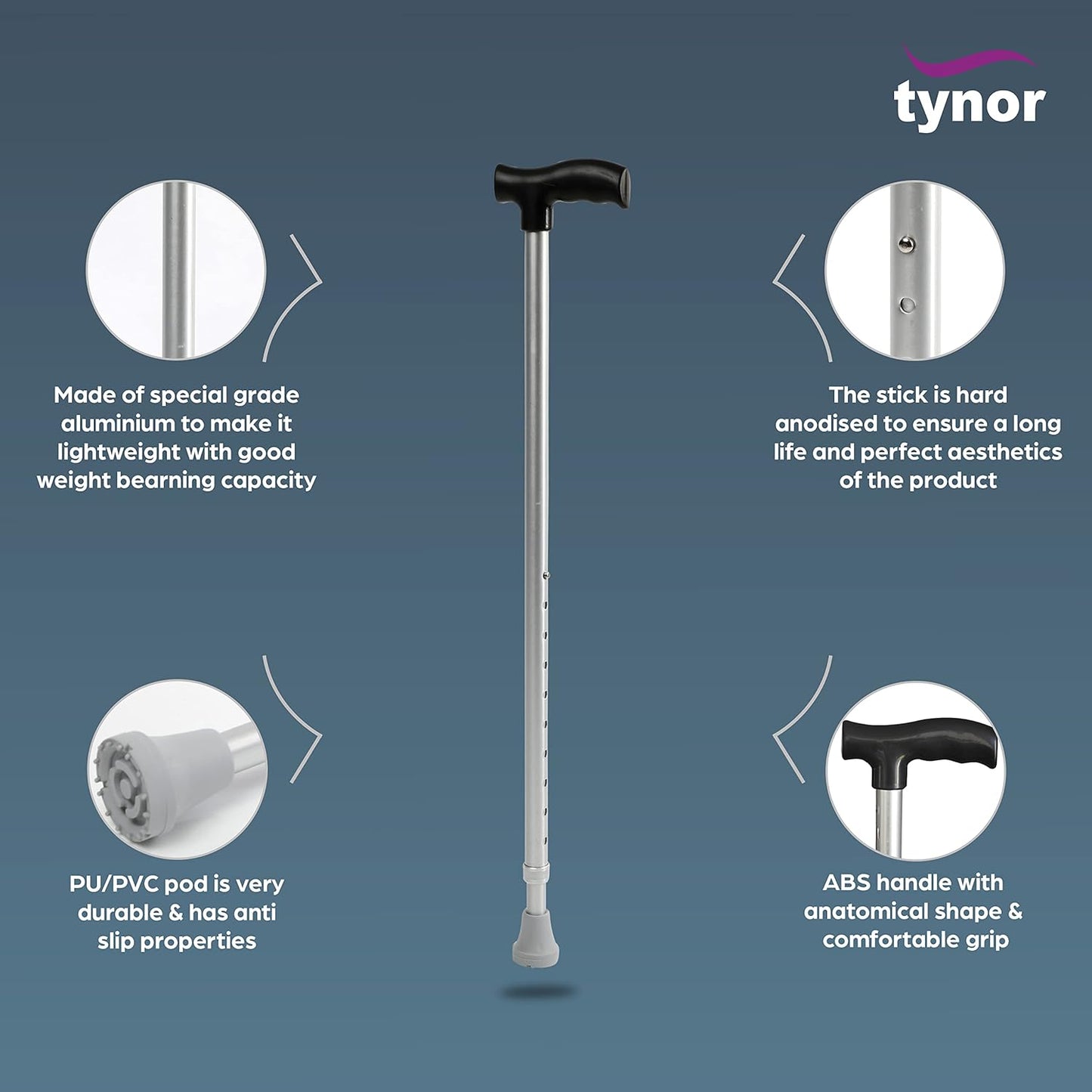Tynor Walking Stick L Type, Silver – Universal Size