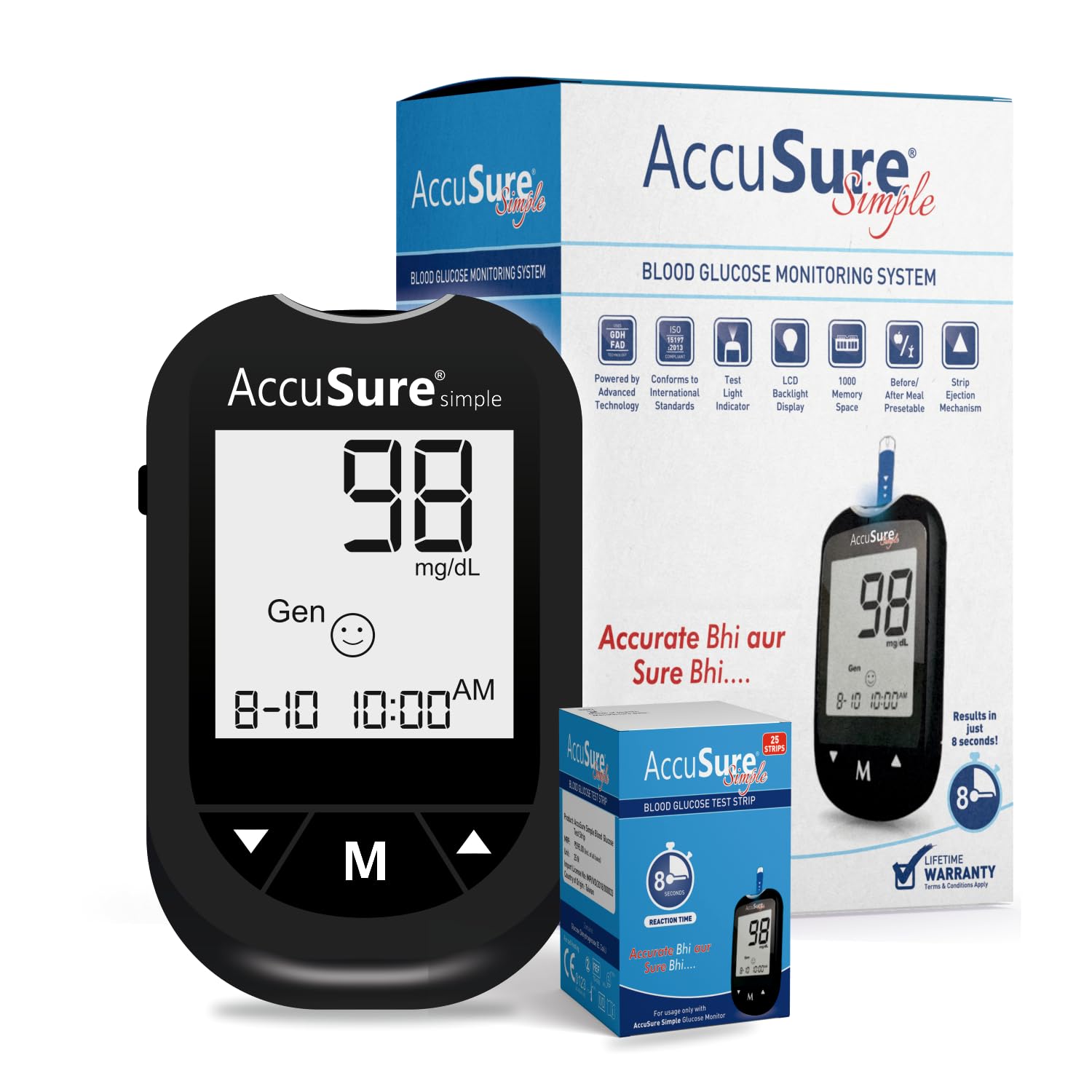 AccuSure Simple Digital Glucometer Kit |with 25 Strips, 10 Lancet,1 Lancing device for Accurate Blood Glucose Sugar Testing Machine