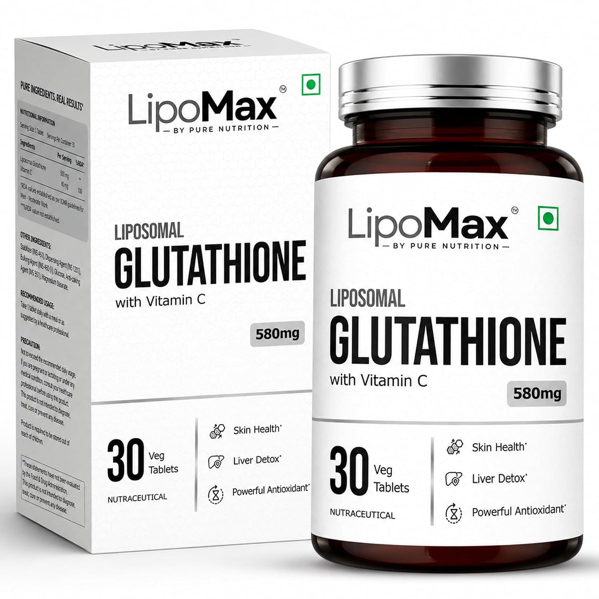 Pure Nutrition Liposomal Glutathione with Vitamin C, 30 Tablets | Antioxidant & Skin Health Support