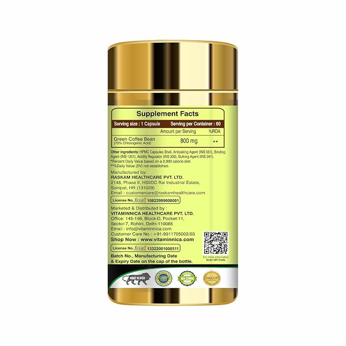 Vitaminnica Green Coffee Bean Extract 800mg - Metabolism & Appetite Support, 60 Veg Capsules