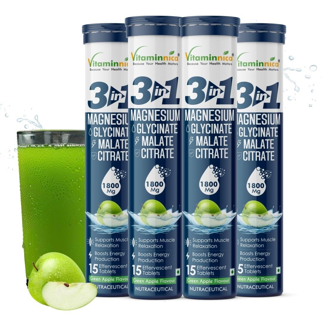 Vitaminnica Magnesium 3-in-1 Effervescent Tablets - Green Apple Stress & Muscle Support (4-Pack, 60 Count)