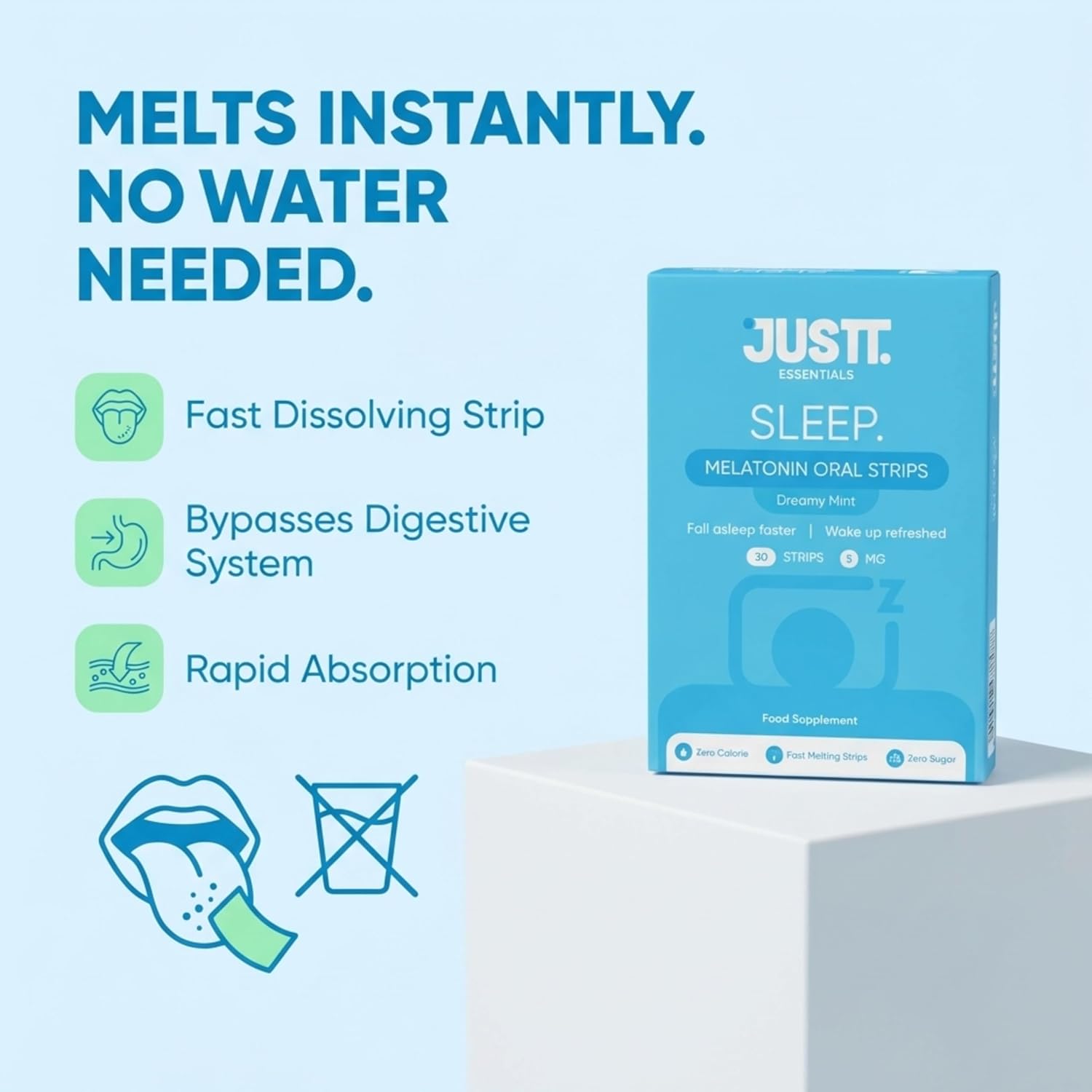JUSTT ESSENTIALS Sleep Melatonin Oral Strips | Melts Into Restful Sleep | Dreamy Mint Flavour | 5mg | Bedtime Wellness | Vegan Sugar Free | 30 Strips