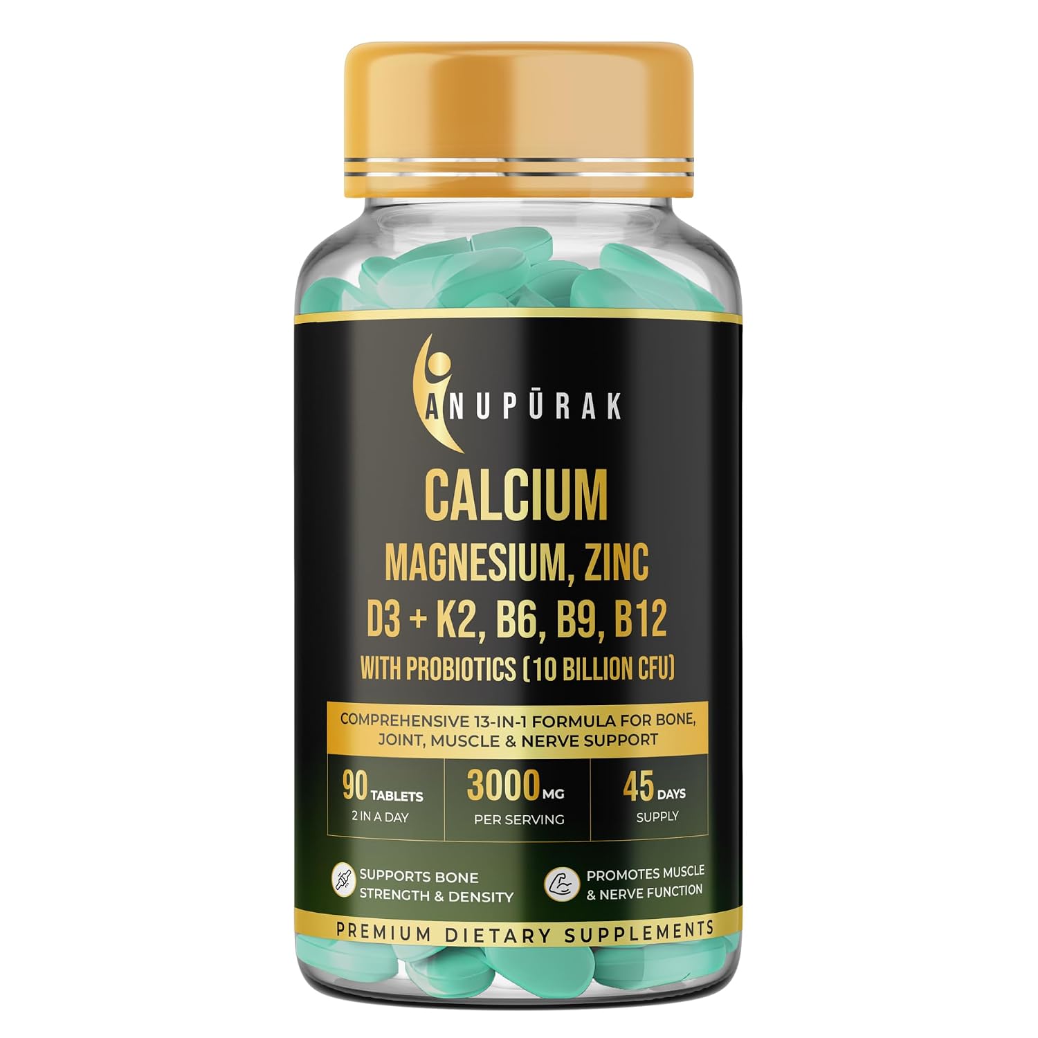 Anupurak Calcium Magnesium, Zinc D3+K2,B6,B9,B12 with Probiotics Tablet (90 Each)