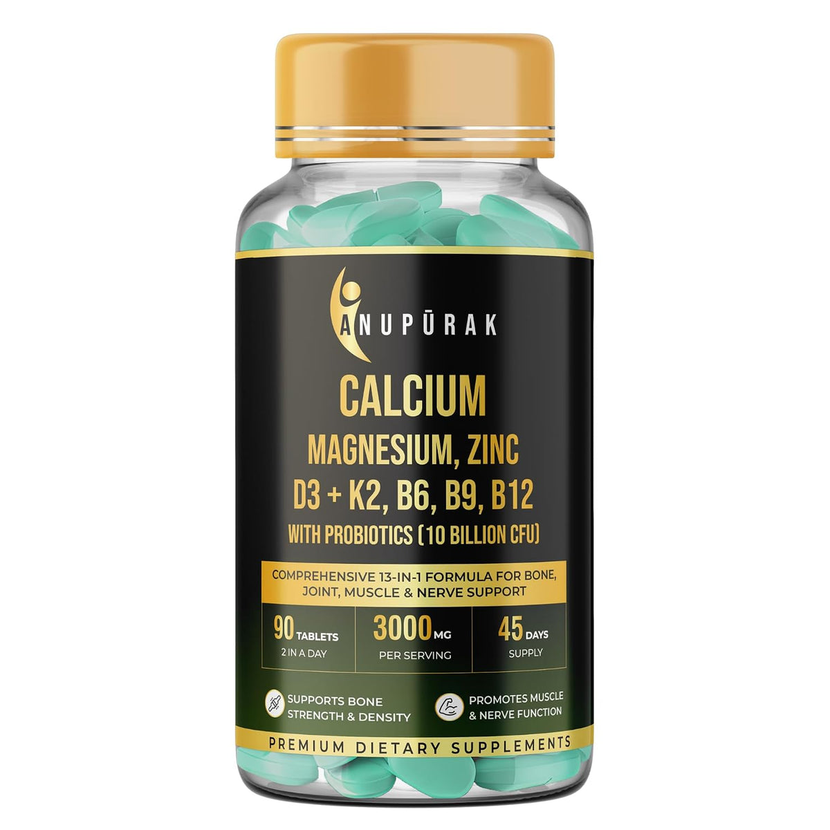Anupurak Calcium Magnesium, Zinc D3+K2,B6,B9,B12 with Probiotics Tablet (90 Each)
