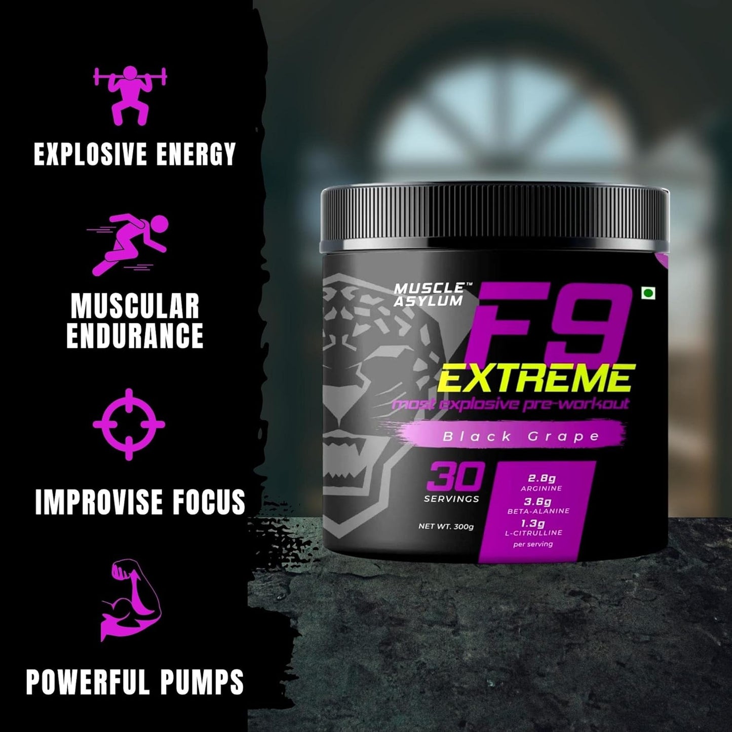 Muscle Asylum F9 Extreme – High Caffeine Pre-Workout (Black Grape) | 300g | 30 Servings | EAA & Endurance Blend | High Stimulant with EAA & Beta-Alanine