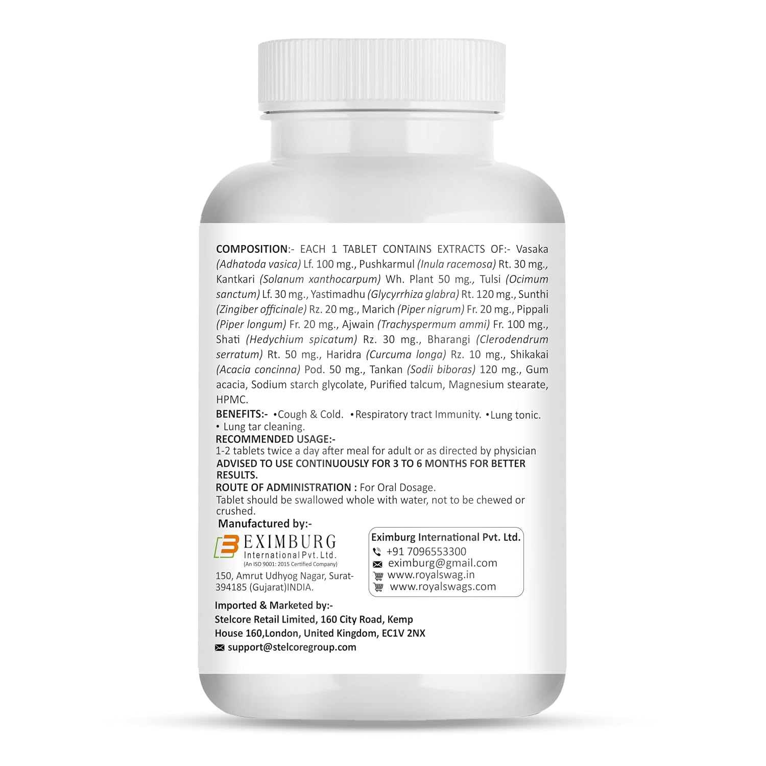 Royal Swag Ayurvedic Lung Detox Tablets - Natural Tar Cleanse & Respiratory Support (60 Count)