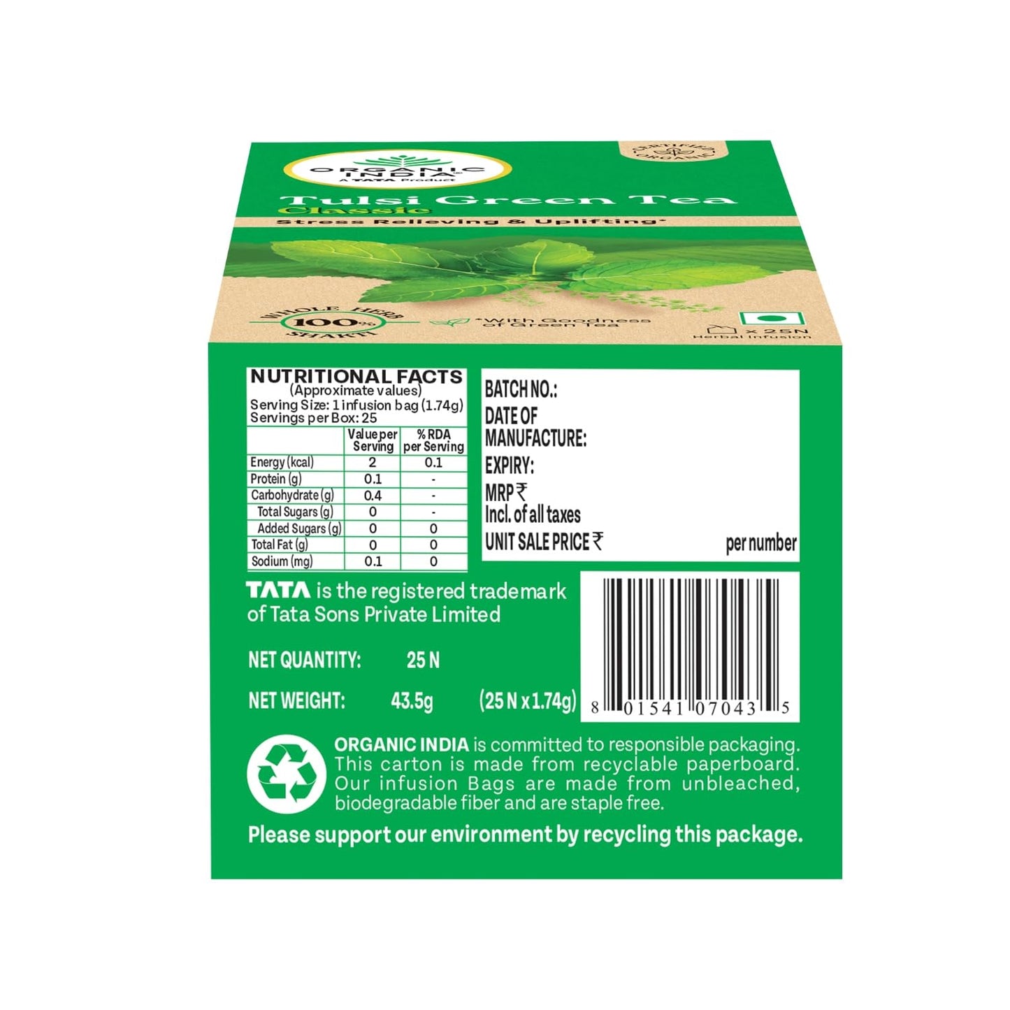Organic India Tulsi Green Tea - 25 Tea Bags