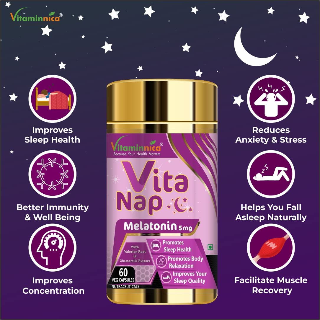 Vitaminnica Vita Nap Melatonin Sleeping Pills – Supports Restful Sleep, Fall Asleep Faster & Promotes Relaxation – Stress & Occasional Sleeplessness Support – 60 Veg Capsules
