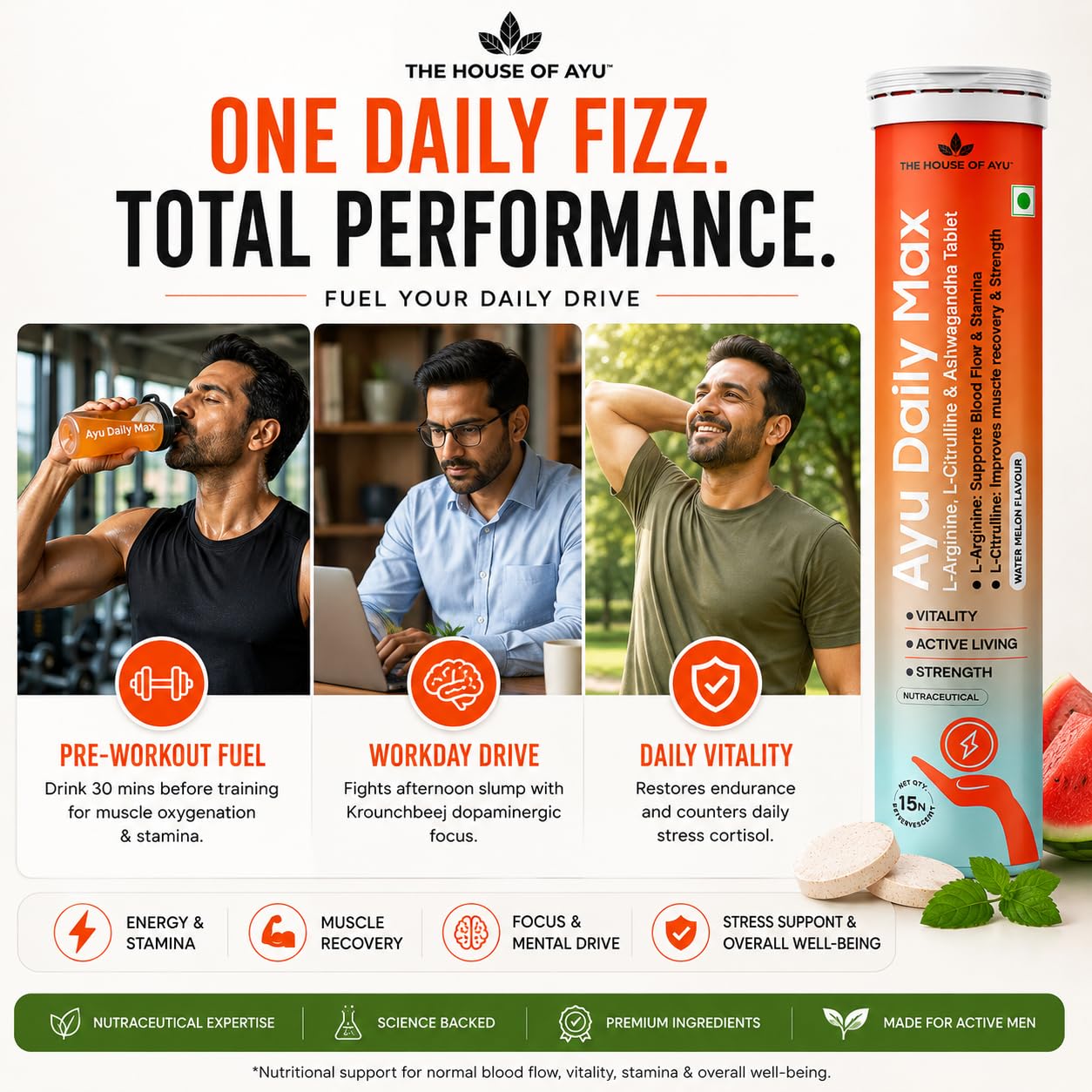 Ayu Daily Max Pre Workout & Testosterone Booster Supplement (15 Tablets) | L-Arginine 500mg, L-Citrulline, Ashwagandha, Gokshura & Zinc for Blood Flow, Daily Energy & Recovery. Watermelon Flavor.