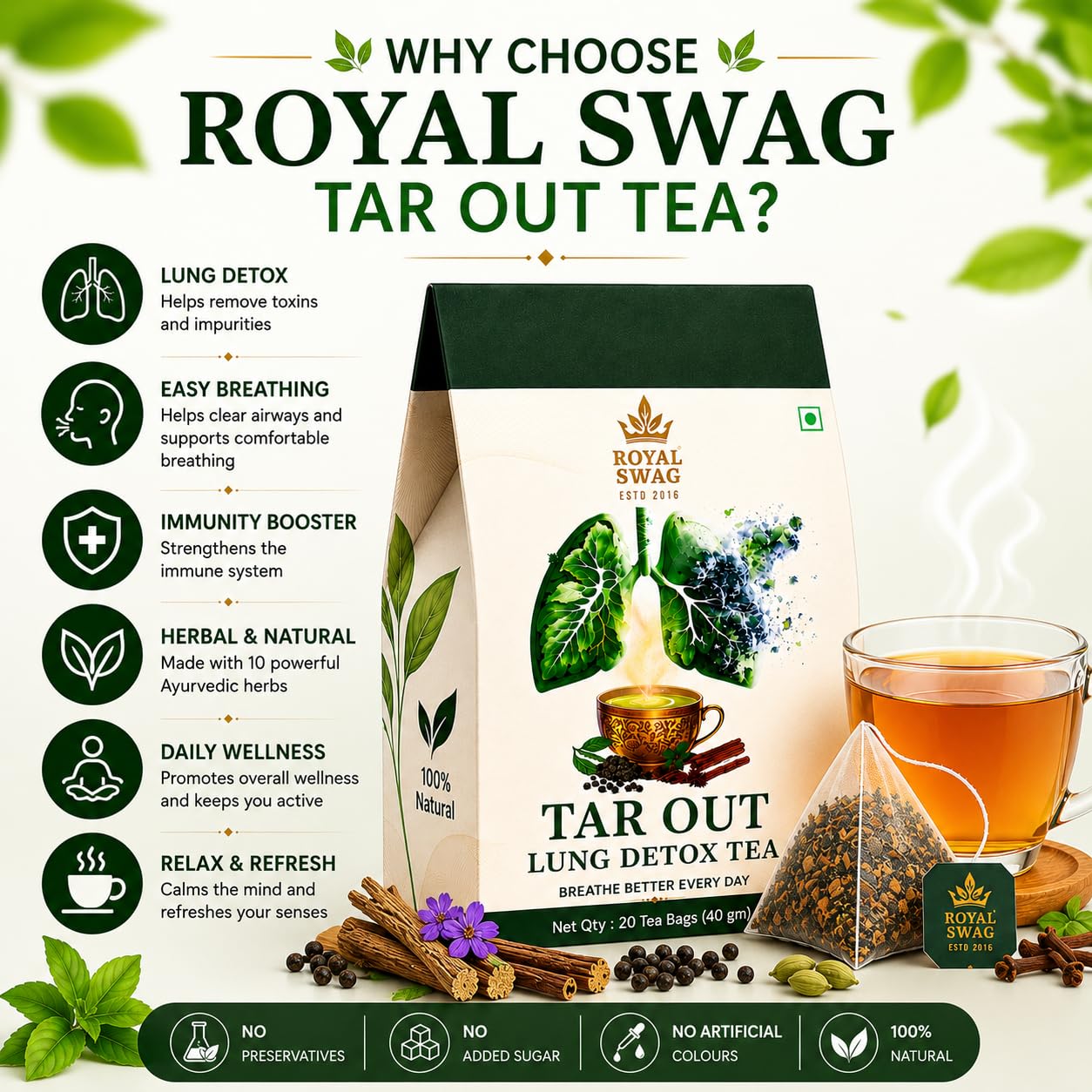 Royal Swag Lung Detox Herbal Tea - Ayurvedic Tar Cleanse for Smokers (20 Tea Bags)