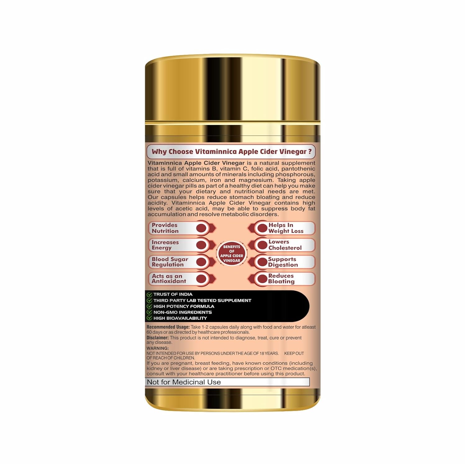Vitaminnica Apple Cider Vinegar & Curcumin 60 Capsules - Digestive & Weight Support Formula