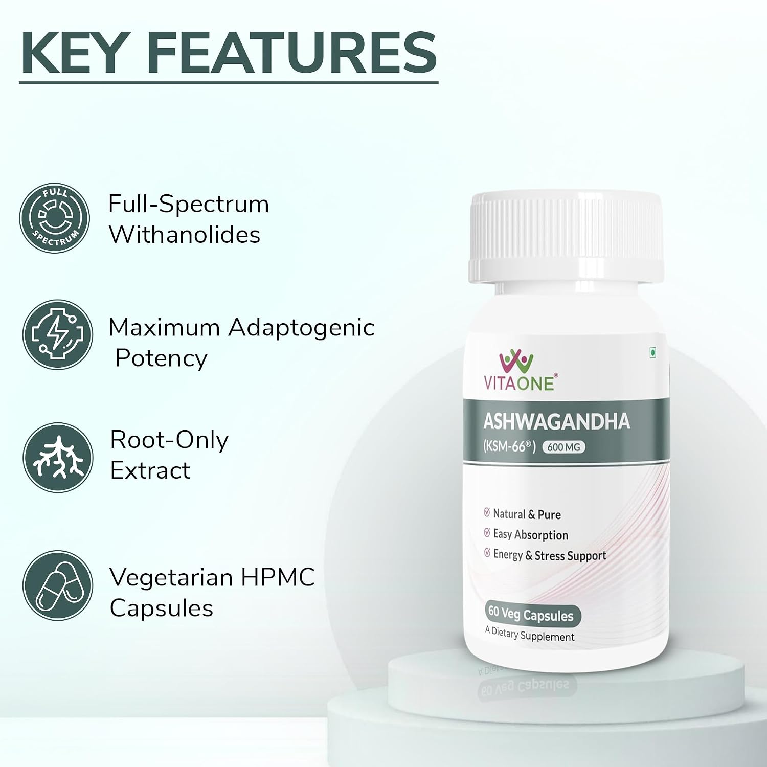 Vitaone Ashwagandha KSM-66® 600mg Capsule | Clinical Strength for Stress Relief, Energy & Stamina (60 Capsules)