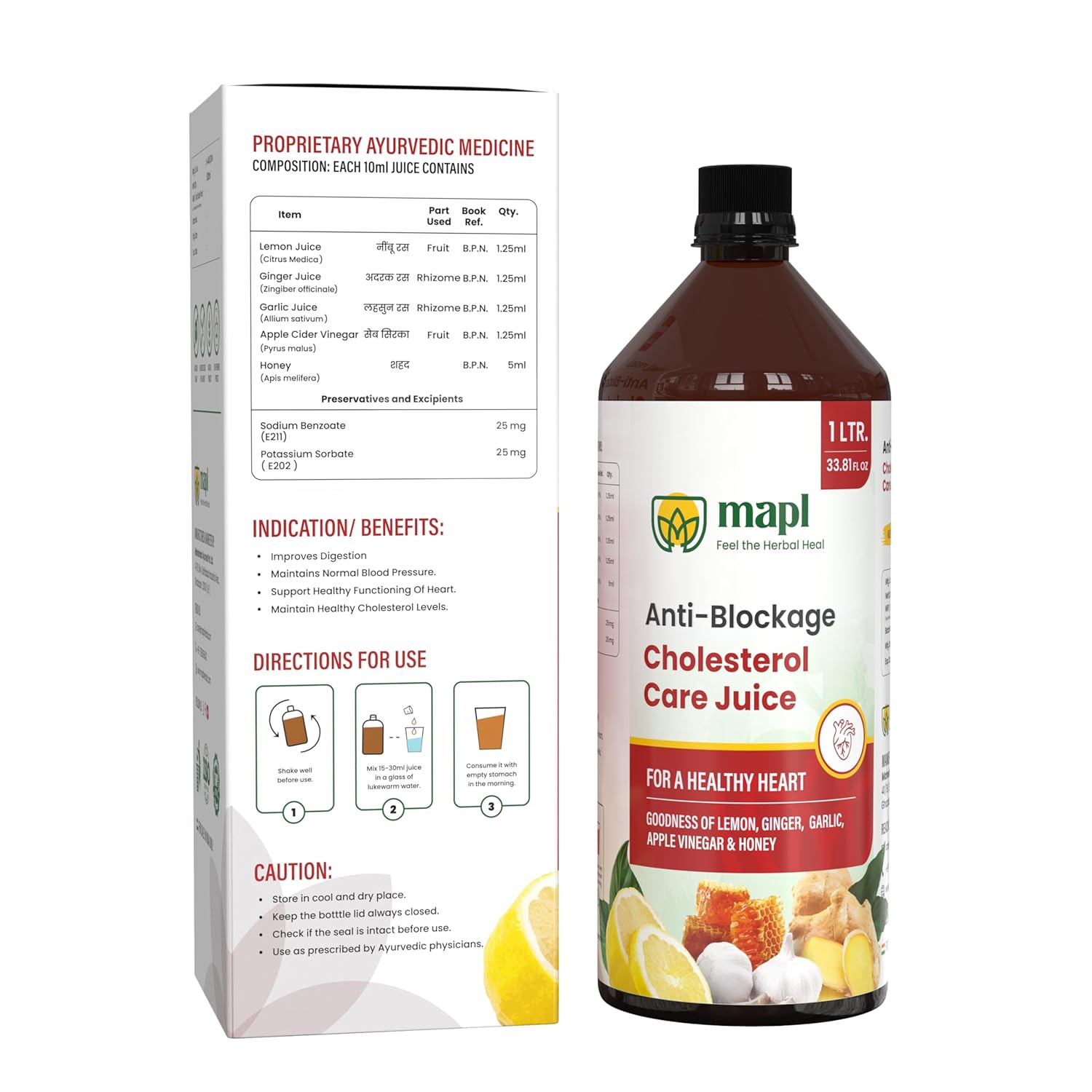 MAPL Anti Blockage Cholesterol Care Juice 1000ml | Garlic, Ginger, Lemon & Apple Cider Vinegar | Supports Heart Health & Cholesterol Balance