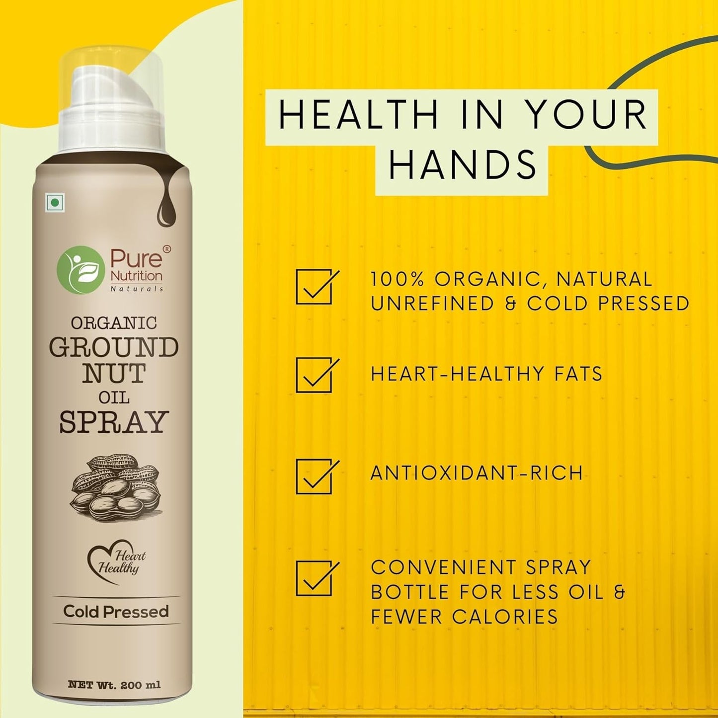 Pure Nutrition Organic Groundnut Oil Spray - 200ml | 100% Pure & Cold-Pressed | Cook Healthy with 10X Less Oil | Naturally Rich in Antioxidants | Supports Heart Health | Ideal for Grilling, Sautéing & Low-Calorie Cooking