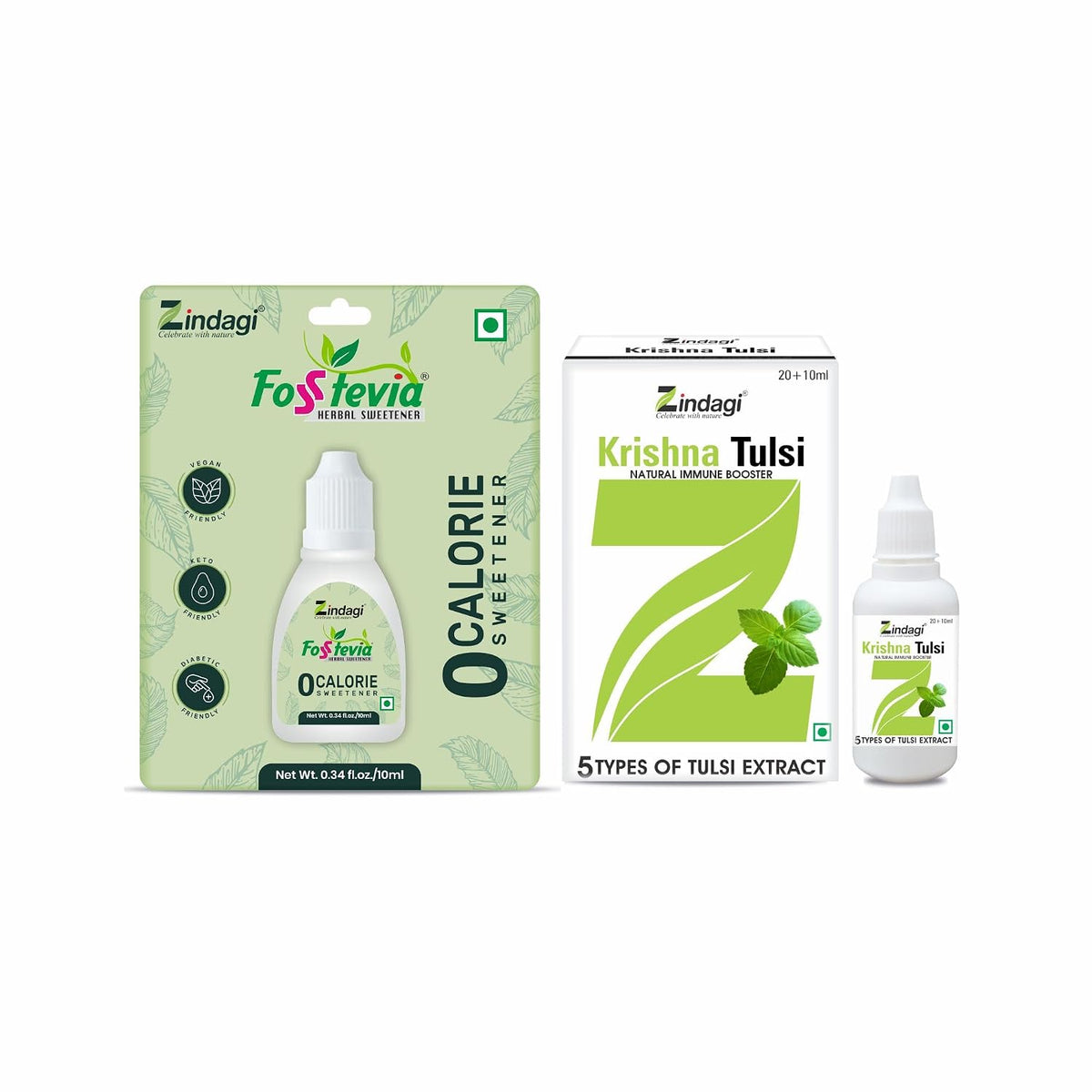 Zindagi Stevia Liquid Drops & Tulsi Drops | 100% Natural Zero-Calorie Sweetener & Immunity Booster Combo Pack