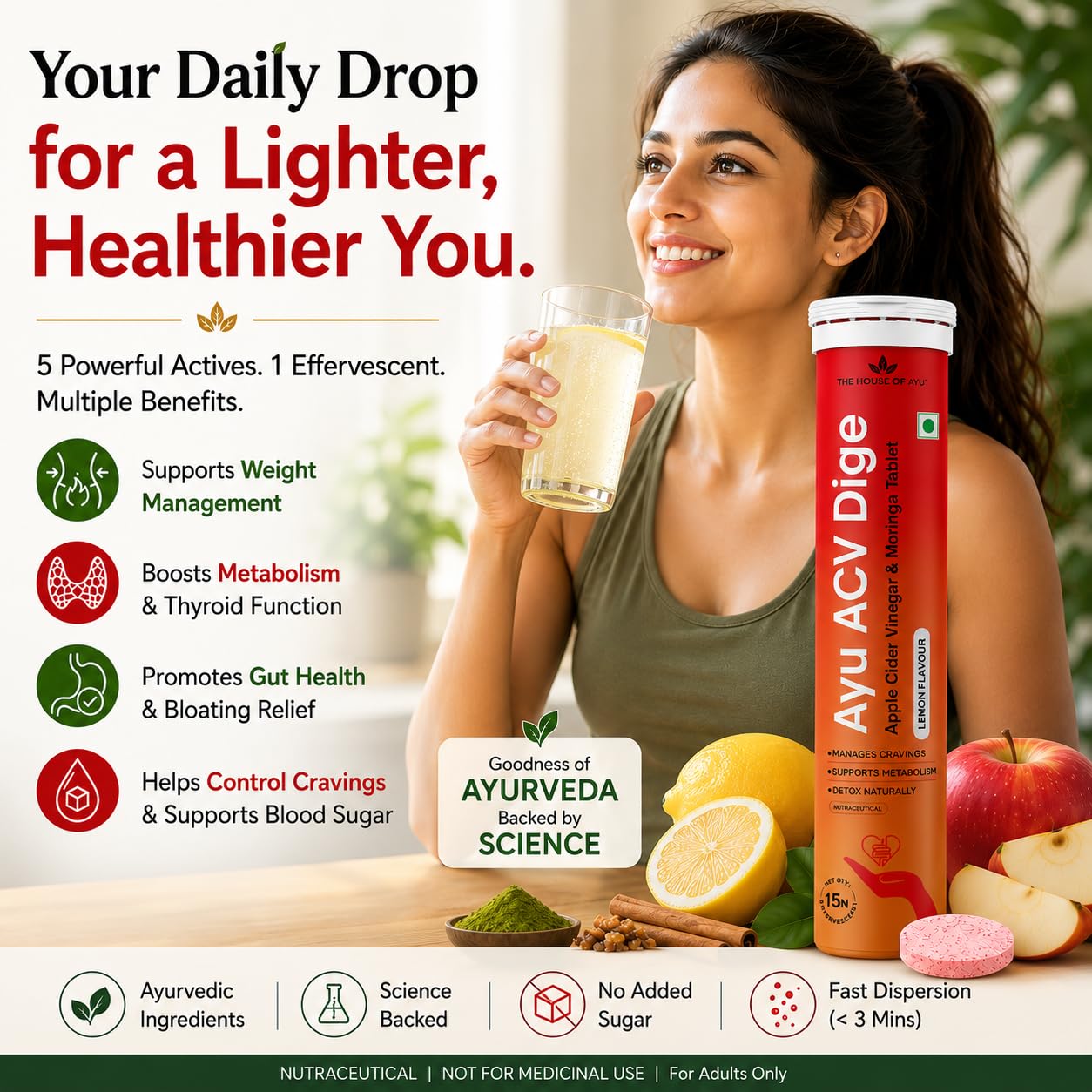 AYU ACV Digi Organic Apple Cider Vinegar Tablet for Weight Loss, 15s | 500mg ACV with Moringa, Guggul & Cinnamon, supports fat oxidation, metabolism, gut health & bloating relief, zesty lemon