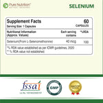 Pure Nutrition Selenium Capsules - 40mcg for Immune System, Supports Healthy Blood Pressure, Thyroid Health & Improves Cholesterol Levels - 60 Veg Capsules