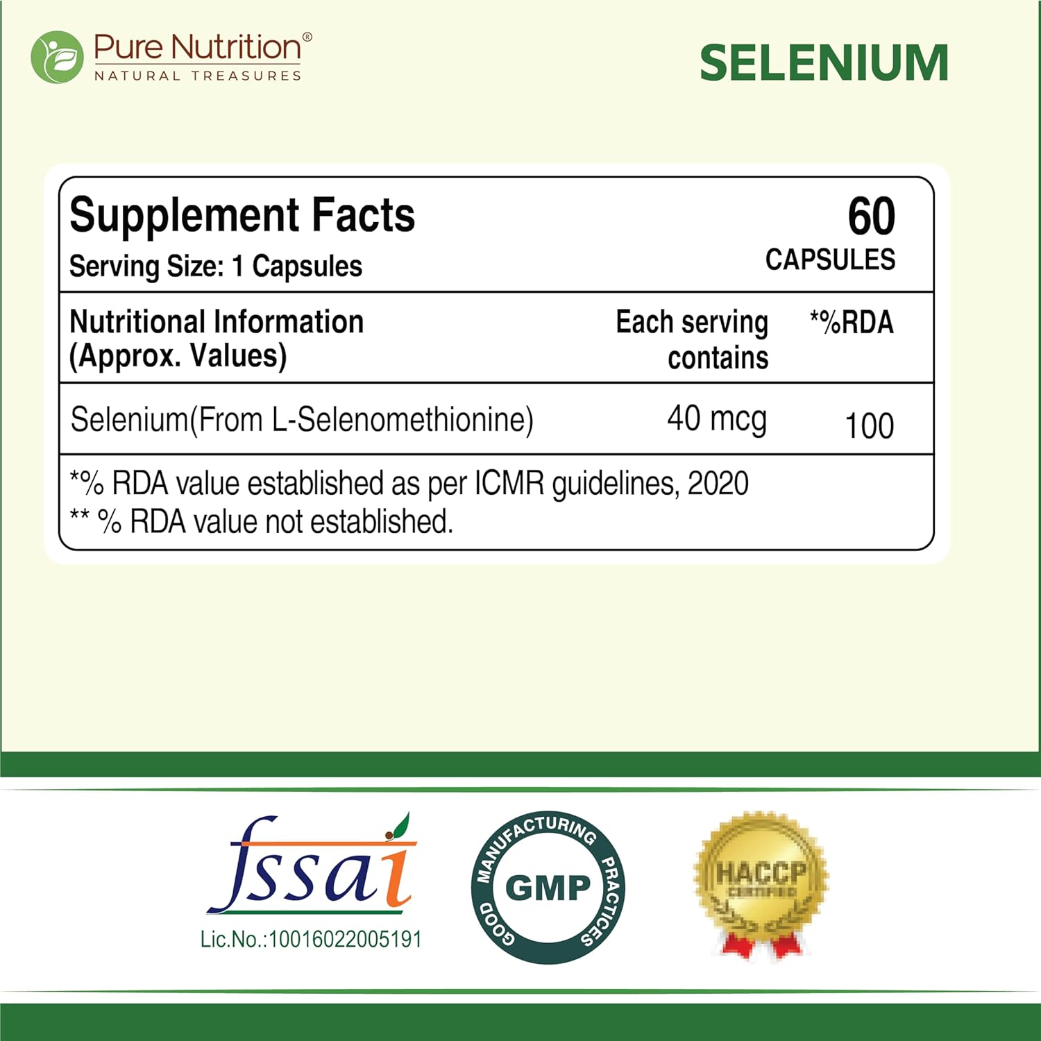 Pure Nutrition Selenium Capsules - 40mcg for Immune System, Supports Healthy Blood Pressure, Thyroid Health & Improves Cholesterol Levels - 60 Veg Capsules