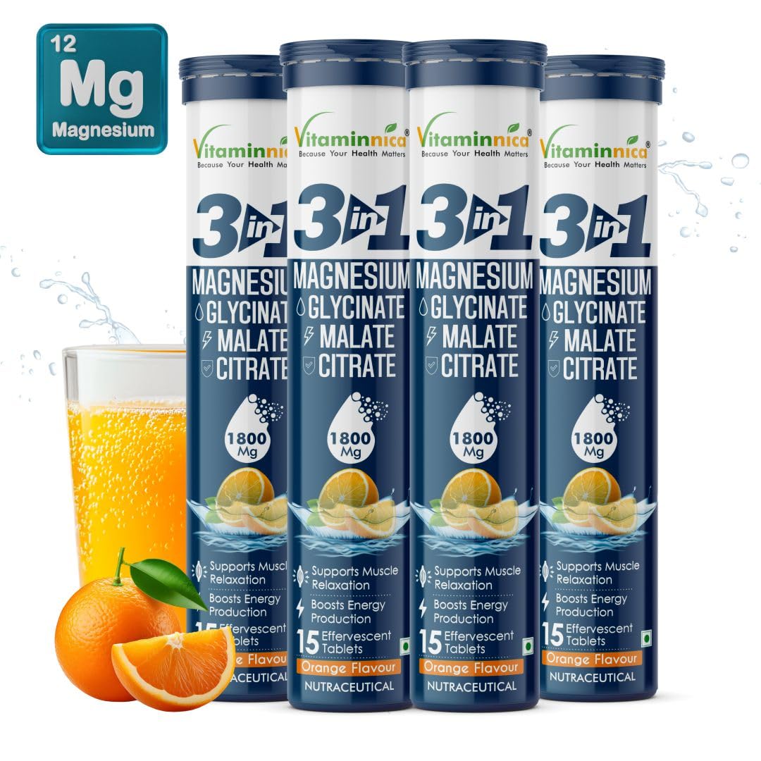 Vitaminnica Magnesium 3-in-1 Effervescent Tablets - Orange Muscle & Rest Support (4-Pack, 60 Count)