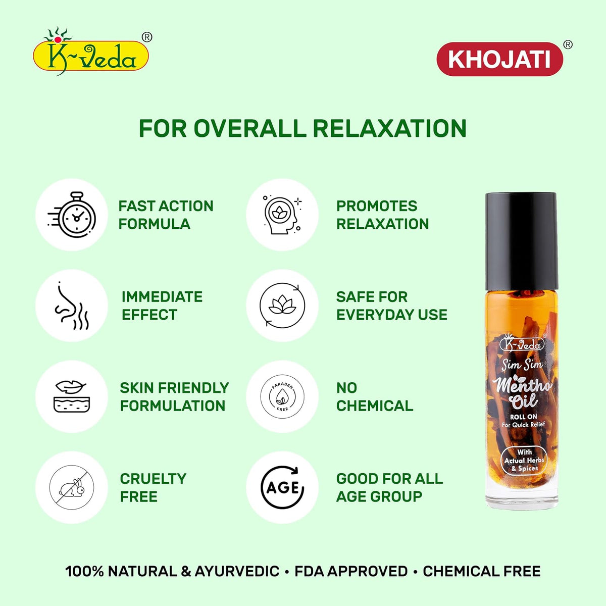 Khojati Sim Sim Mentho Oil Roll-On | Ayurvedic Fast Relief for Headache, Cold, Stress & Toothache | 10 ml