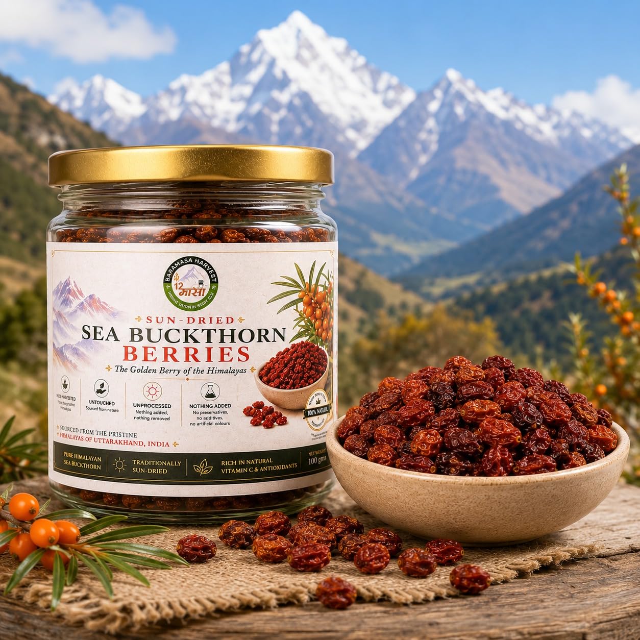 Baramasa Harvest Seabuckthorn Berries (100g) | Pure Himalayan Sun-Dried Superfruit | Abundant in Vitamin C, Omega 3, 6, 7 & 9
