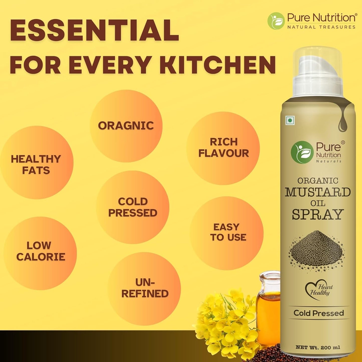 Pure Nutrition Organic Mustard Oil Spray - 200ml | 100% Pure, Natural & Cold-Pressed | Cook Healthy with 10X Less Oil | Ideal for Sautéing & Grilling | Supports Heart Health | Naturally Cholesterol-Free & Rich in Omega-3