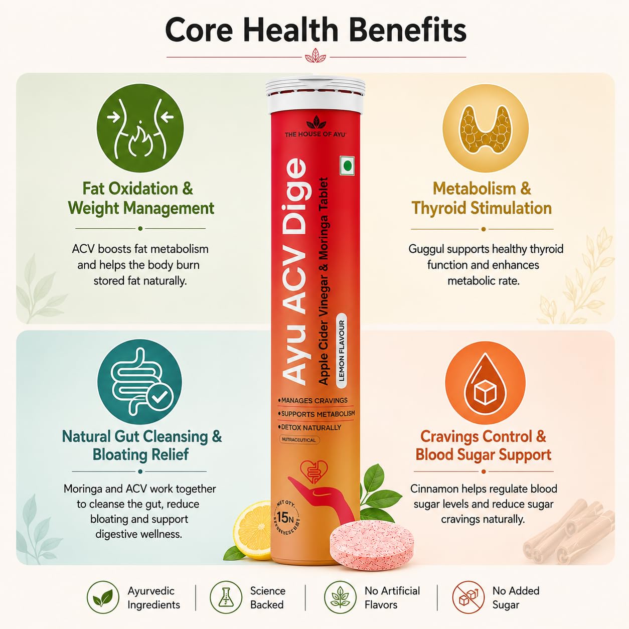 AYU ACV Digi Organic Apple Cider Vinegar Tablet for Weight Loss, 15s | 500mg ACV with Moringa, Guggul & Cinnamon, supports fat oxidation, metabolism, gut health & bloating relief, zesty lemon