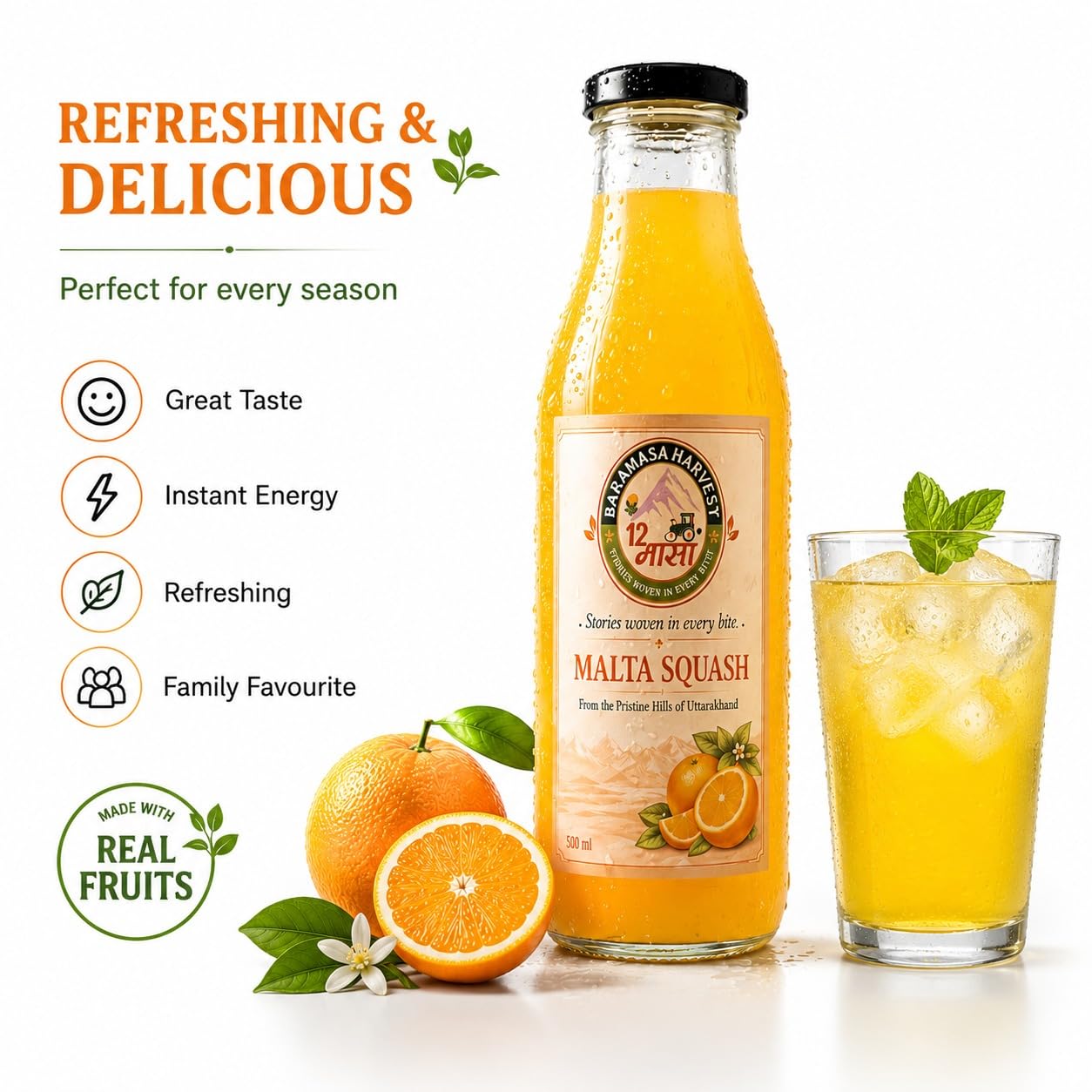 Baramasa Harvest Malta Squash (500ml) | Authentic Himalayan Orange Drink | Rich in Vitamin C & Natural Energy