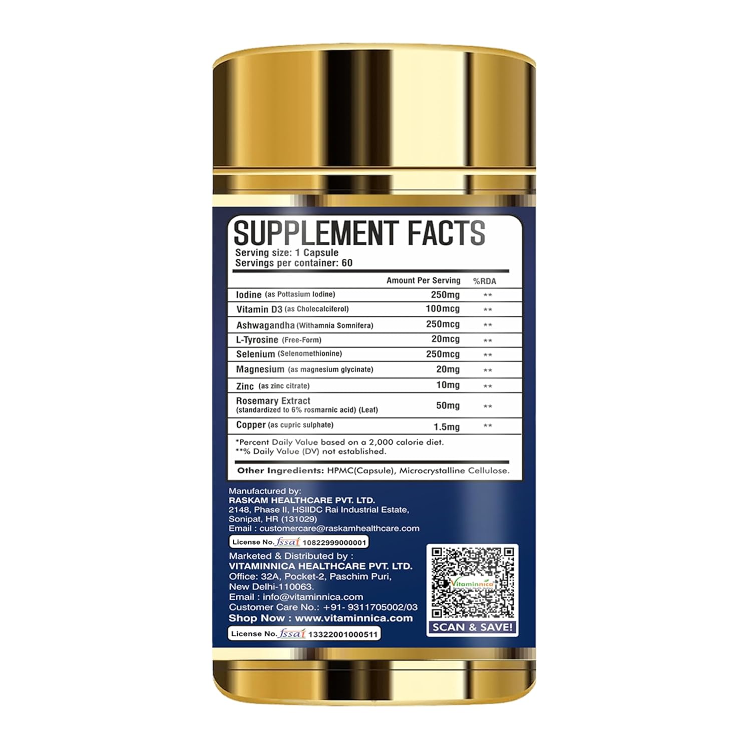 Vitaminnica Thyroid Support Capsules | Supports Thyroid Health & Hormone Balance | Enriched with Iodine - Energy & Metabolism Booster | 60 Vegan Capsules