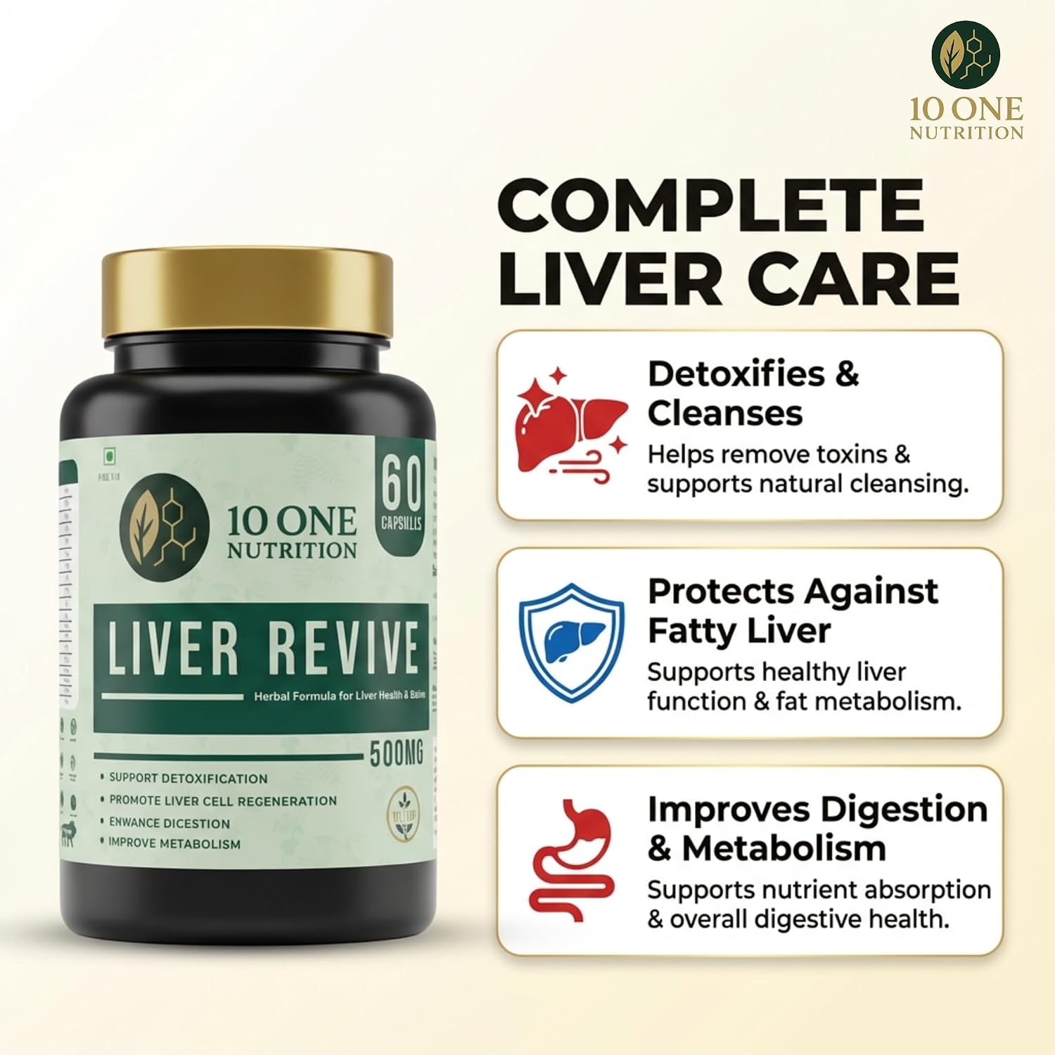 10 One Nutrition Liver Revive Detox 500mg (60 Veg Capsules) | Natural Liver Care, Fatty Liver Support & Digestive Enzyme Support