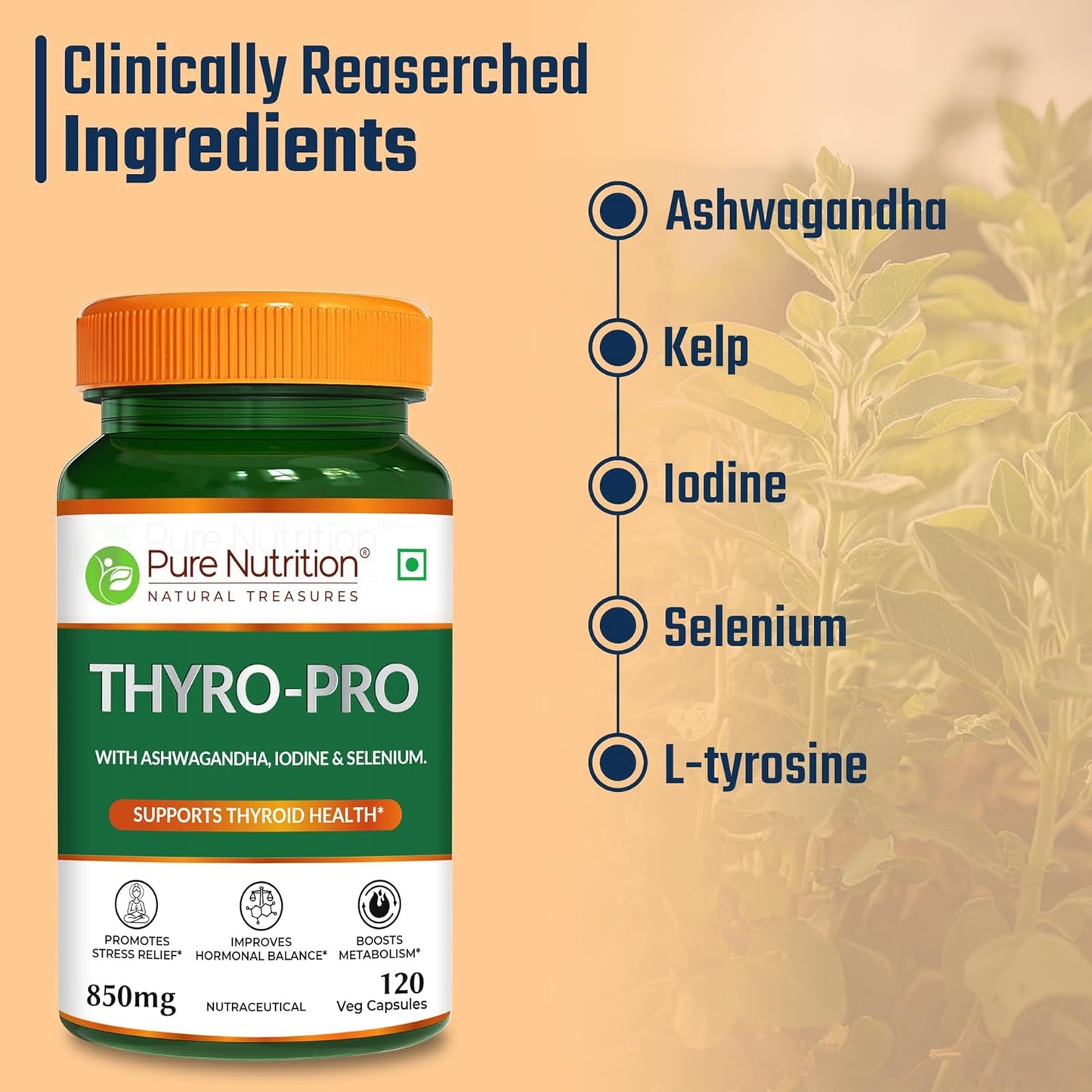 Pure Nutrition Thyro Pro Capsules | With Ashwagandha, Iodine & Selenium | Supports Thyroid Function, Balances Hormones| Promotes Overall Wellness - 120 Veg Capsules