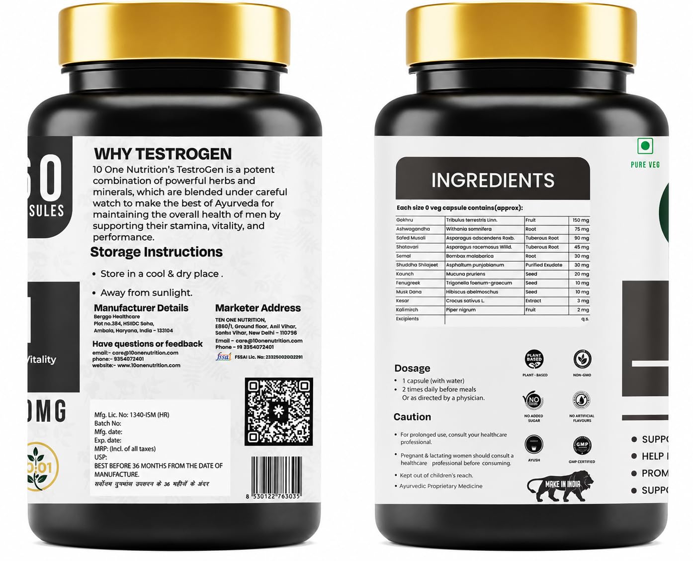 10 One Nutrition Testrogen 500mg (60 Veg Capsules) | For Stamina, Muscle Growth, Strength & Vitality Support