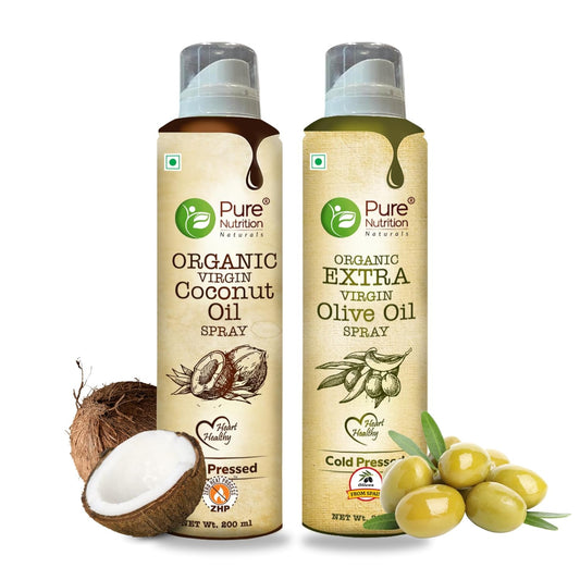 Pure Nutrition Combo Pack Of Virgin Coconut Oil & Virgin Olive Oil Spray - 200ml | 100% Organic | Low Calorie Cooking - 10X LESS Oil | For Coooking, Dressings, Baking & Air-Frying