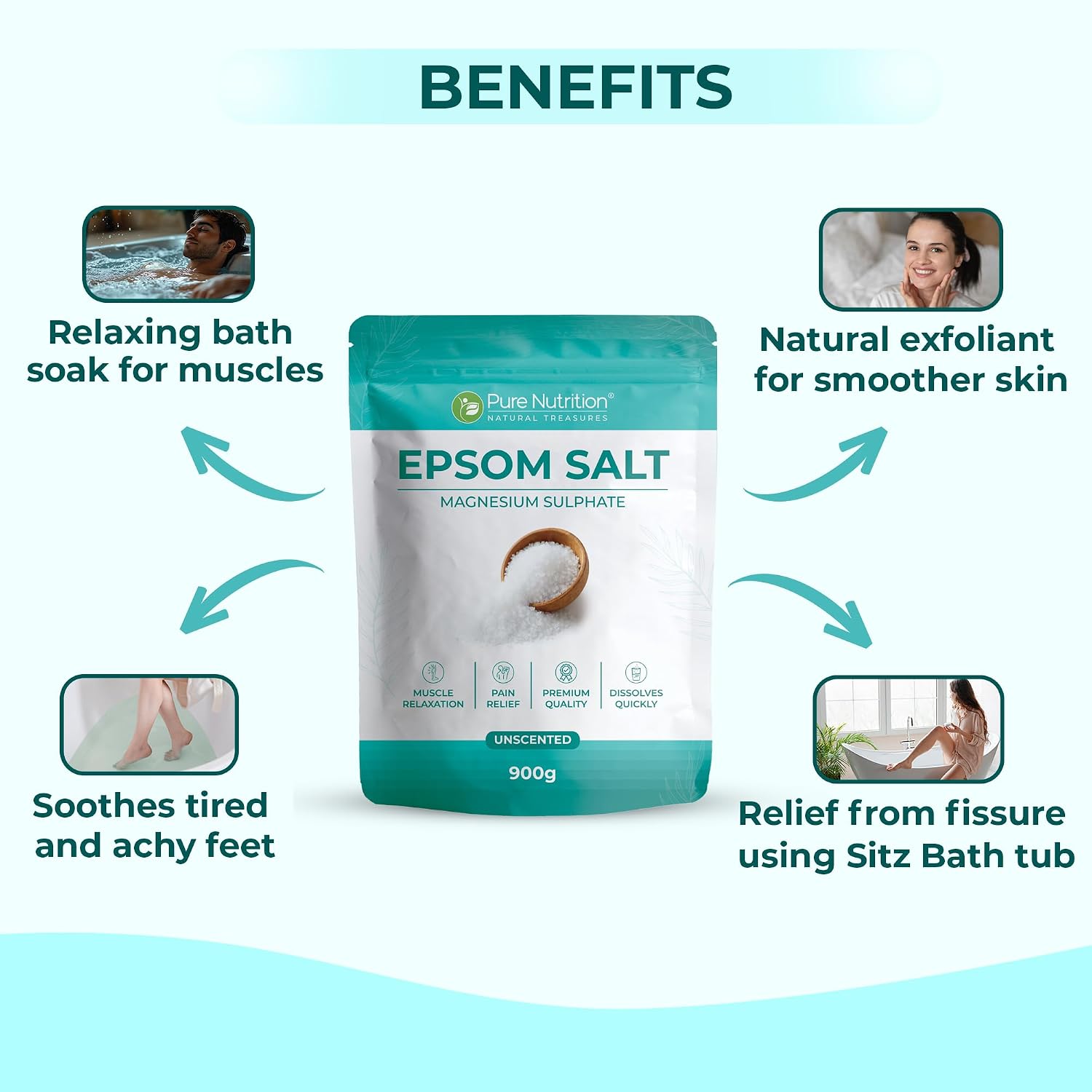 Pure Nutrition Epsom Salt 900g | Magnesium Sulfate Salt | Bath Soak & Relaxation Support