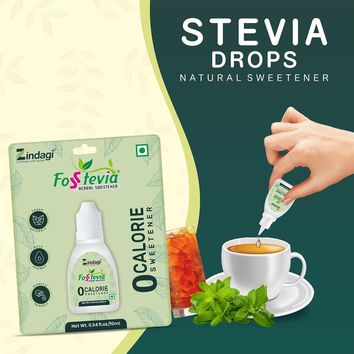 Zindagi Stevia Drops (50 ml) with Monk Fruit Extract Powder (50 Sachets) | 100% Natural Zero-Calorie Sweetener Combo Pack