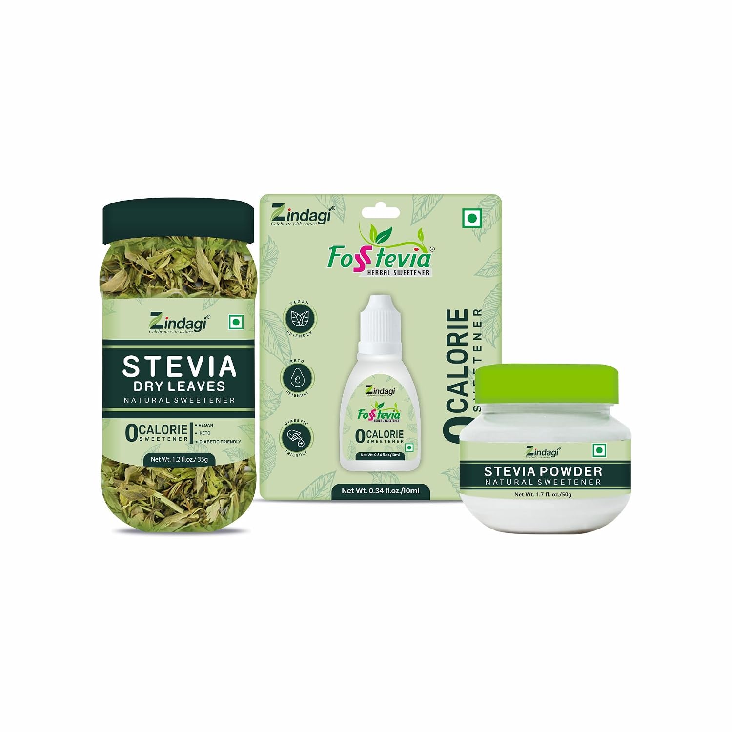 Zindagi Stevia Dry Leaves (35 g), Stevia Natural Powder (50 g) & FosStevia Stevia Liquid (10 ml) | 100% Natural Zero-Calorie Sugar-Free Sweetener Triple Combo Pack