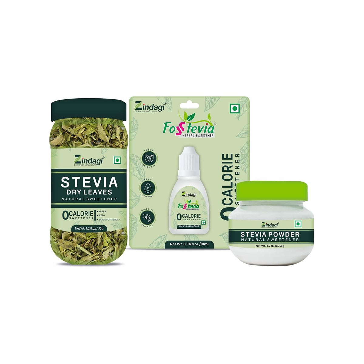Zindagi Stevia Dry Leaves (35 g), Stevia Natural Powder (50 g) & FosStevia Stevia Liquid (10 ml) | 100% Natural Zero-Calorie Sugar-Free Sweetener Triple Combo Pack