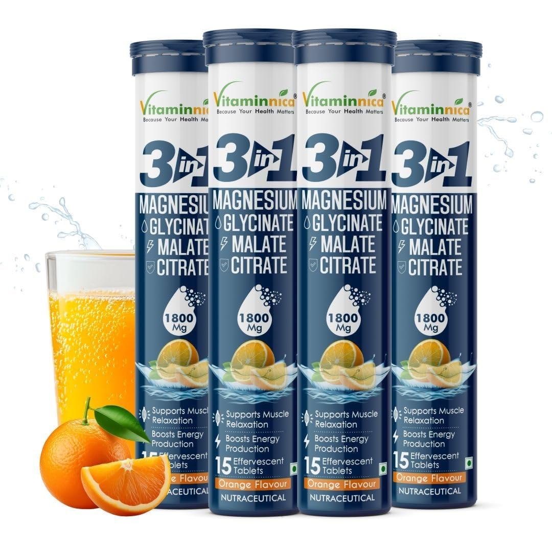 Vitaminnica Magnesium 3-in-1 Effervescent Tablets - Orange Muscle & Rest Support (4-Pack, 60 Count)