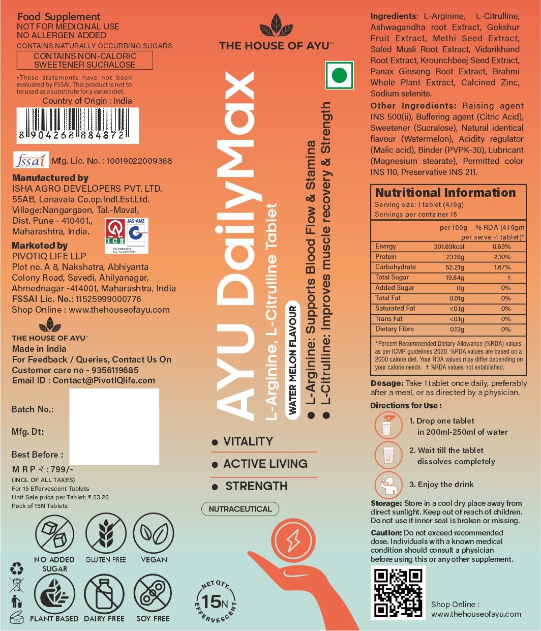 Ayu Daily Max Pre Workout & Testosterone Booster Supplement (15 Tablets) | L-Arginine 500mg, L-Citrulline, Ashwagandha, Gokshura & Zinc for Blood Flow, Daily Energy & Recovery. Watermelon Flavor.