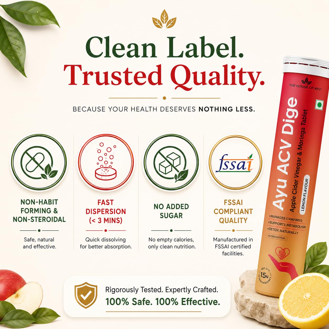AYU ACV Digi Organic Apple Cider Vinegar Tablet for Weight Loss, 15s | 500mg ACV with Moringa, Guggul & Cinnamon, supports fat oxidation, metabolism, gut health & bloating relief, zesty lemon