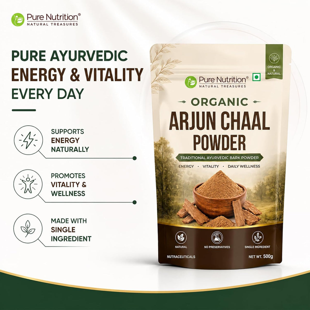 Pure Nutrition Organic Arjuna Chal Powder 500g | Herbal Heart & Cardiovascular Wellness Support