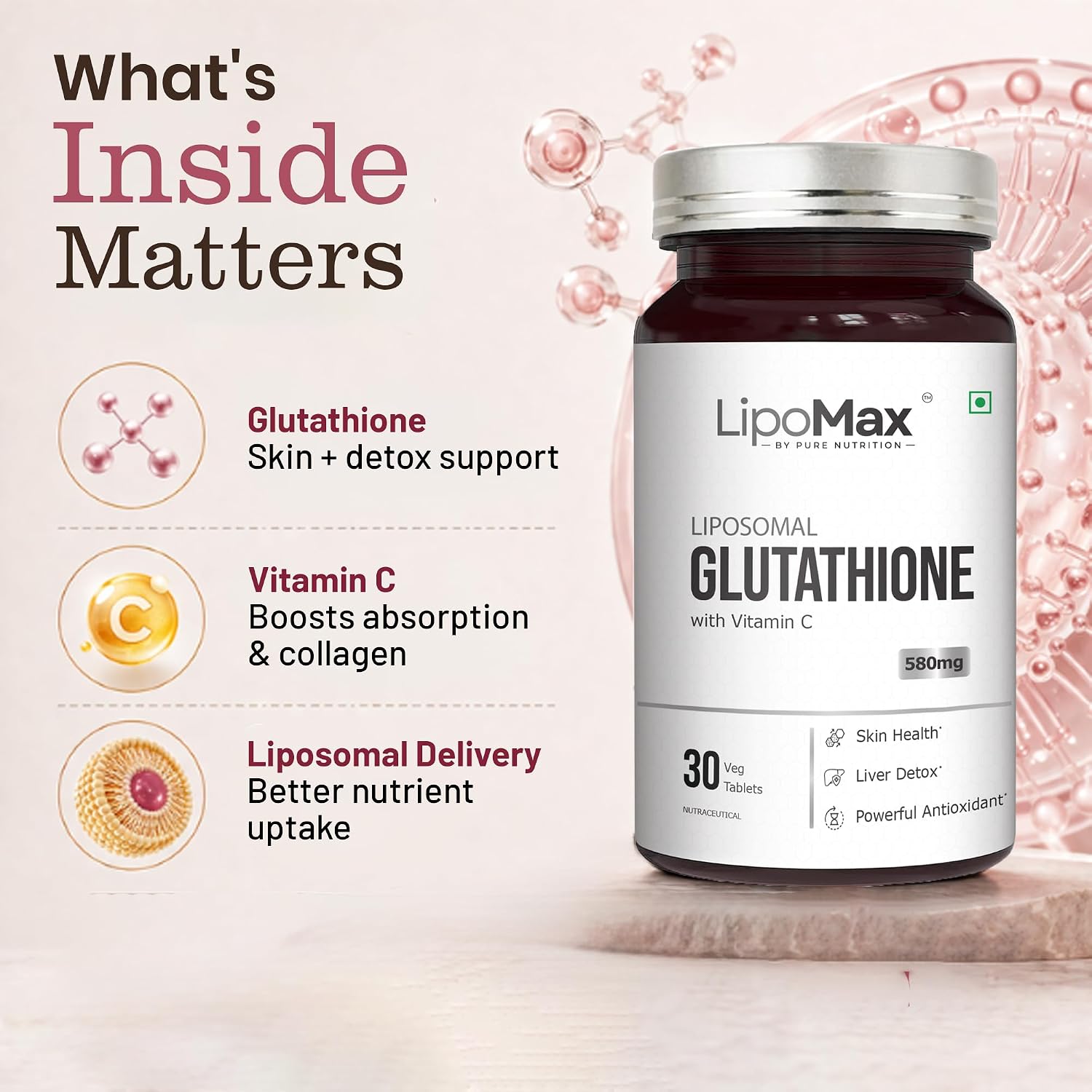 Pure Nutrition Liposomal Glutathione with Vitamin C, 30 Tablets | Antioxidant & Skin Health Support