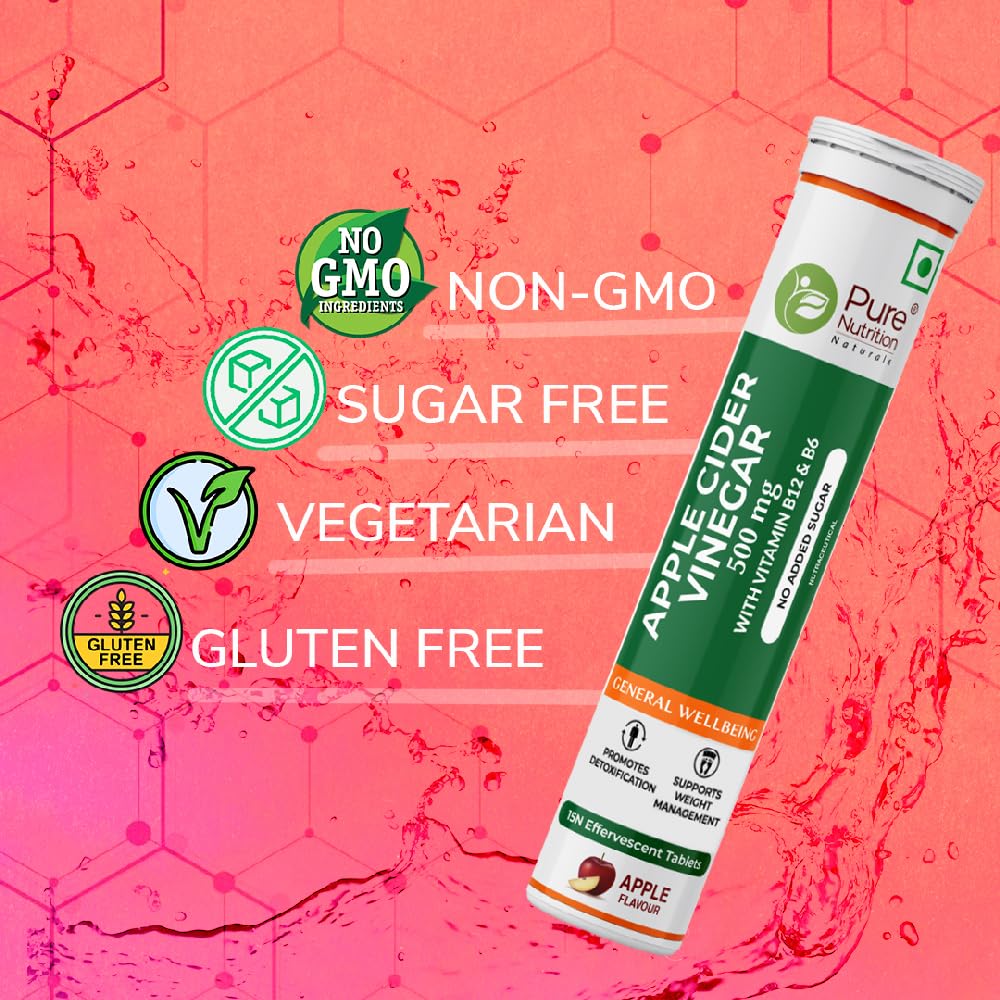 Pure Nutrition Apple Cider Vinegar Effervescent Tablets - for Weight Management & Gut Health, ACV with Mother, Vitamin B6, B12 & Garcinia Cambogia for Weight Loss & Easy Digestion