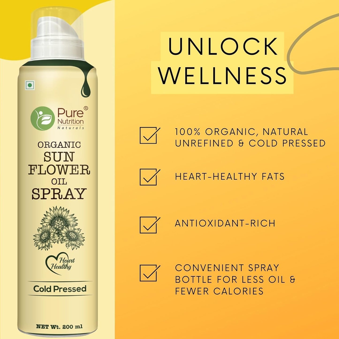 Pure Nutrition Sunflower Oil Cooking Spray - 200ml | 100% Pure & Edible | Healthy Cooking with 10X Less Oil | Ideal for Baking, Grilling & Frying | High Smoke Point | Light, Even Spray for Low-Calorie Meals & Heart Health