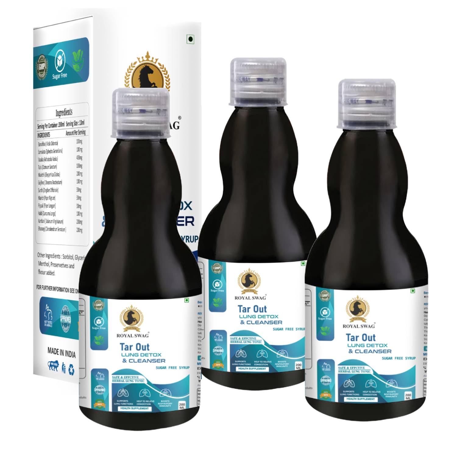 Royal Swag Tar Out Lung Detox Syrup - Sugar Free for Smokers (200ml x Pack of 3)