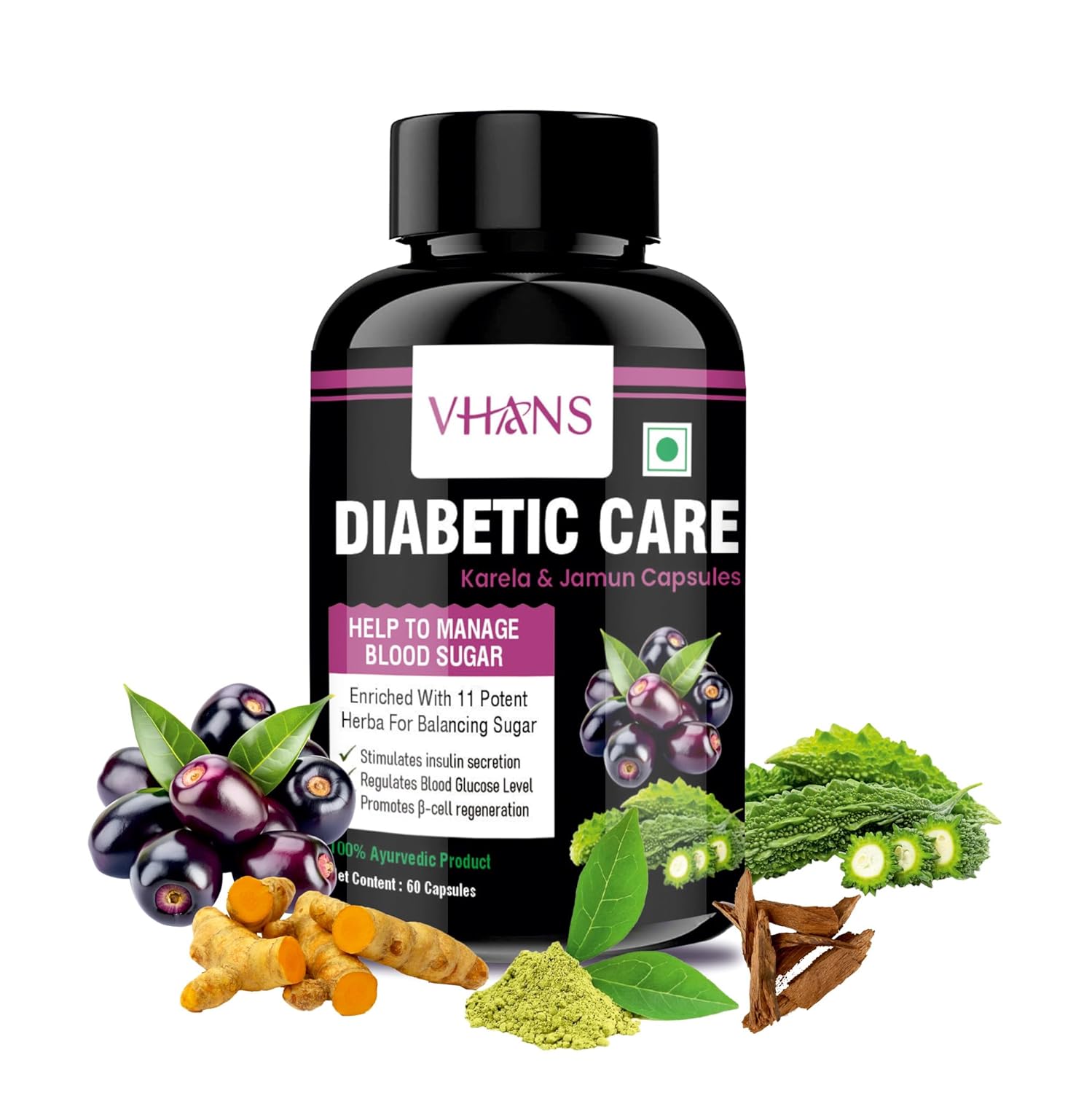 Vhans Diabetes Care Karela, Jamun Capsule - Premium Ayurvedic Metabolic Balance Support (60 Count)