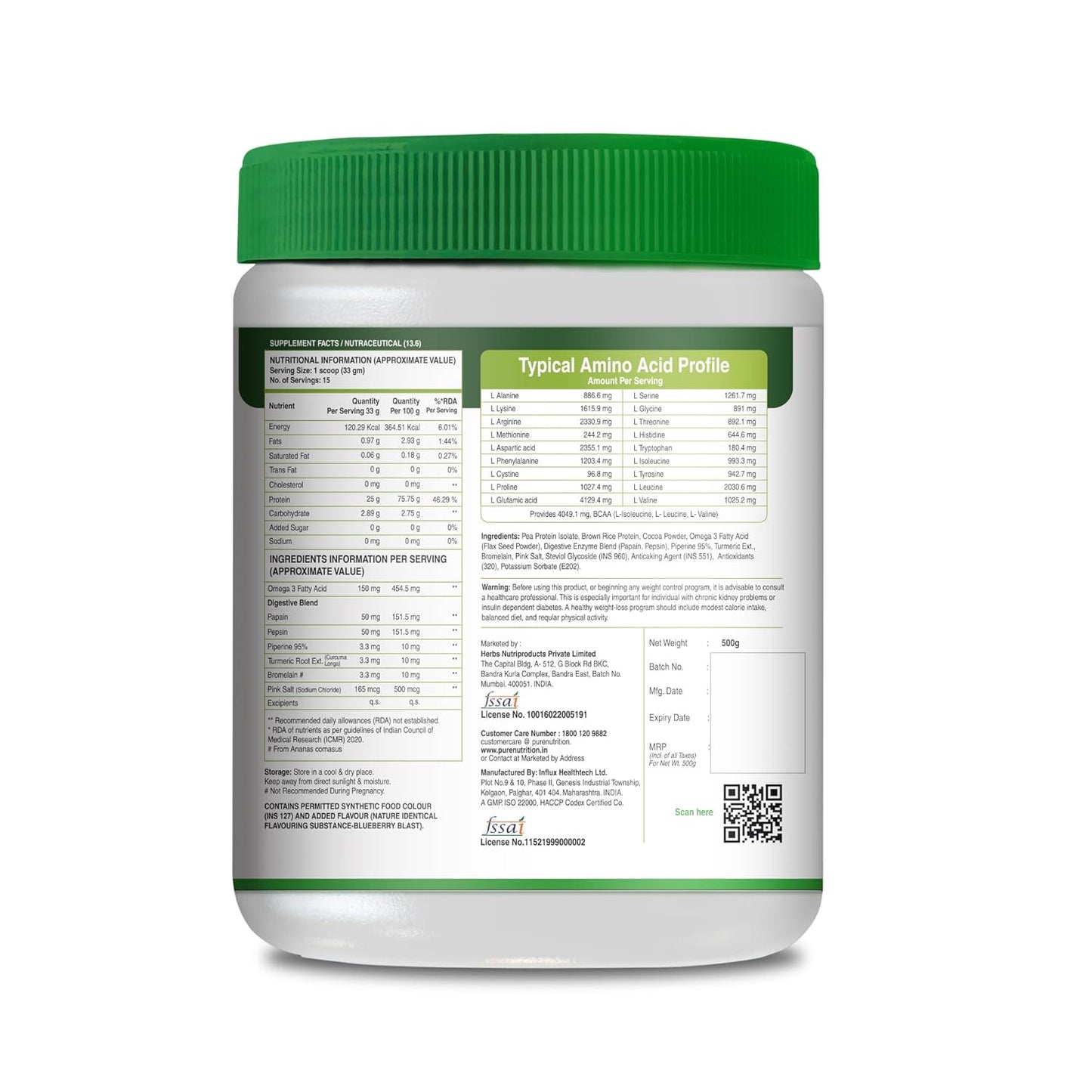 Pure Nutrition Plant Protein Powder for Men, Women - Berry Blast (500g) , With Pea & Brown Rice Protein with Omega3, Digestive Enzymes & Turmeric | Plant-based, Vegan Supplement for Muscle Growth & Strength | No Artificial Sweeteners