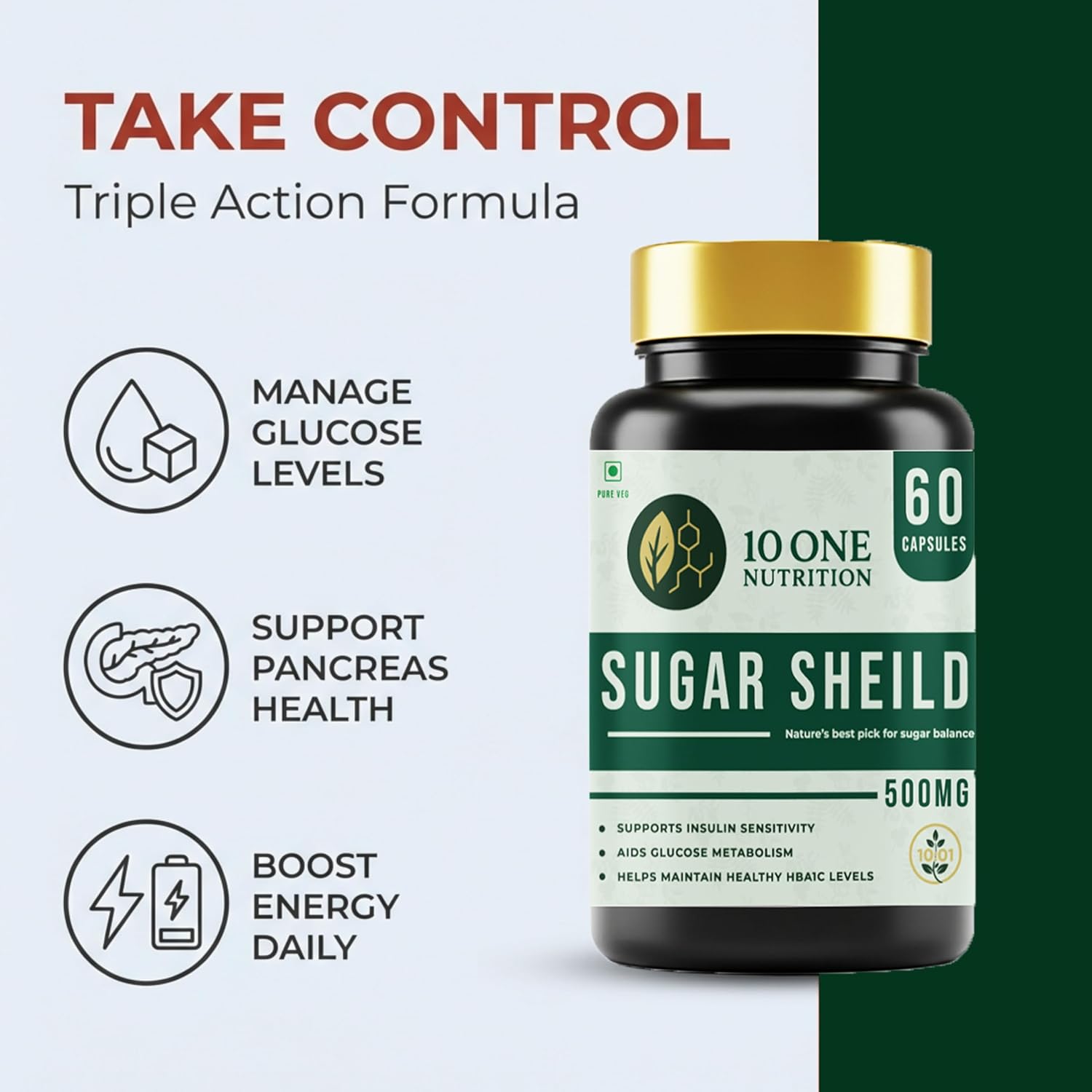 10 One Nutrition Sugar Shield Capsules 500mg (60 Veg Capsules) | Ayurvedic Support for Healthy Blood Sugar & Glucose Metabolism