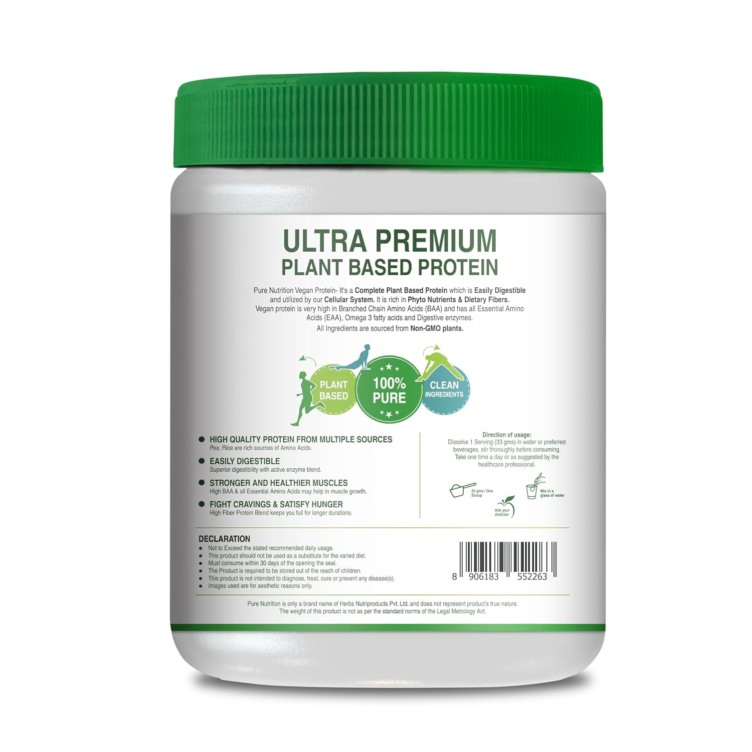 Pure Nutrition Plant Protein Powder Cranberry Crush, 500g, for Men, Women With Pea & Brown Rice Protein with Omega3, Digestive Enzymes & Turmeric | Plant-based, Vegan Supplement for Muscle Growth & Strength | No Artificial Sweeteners